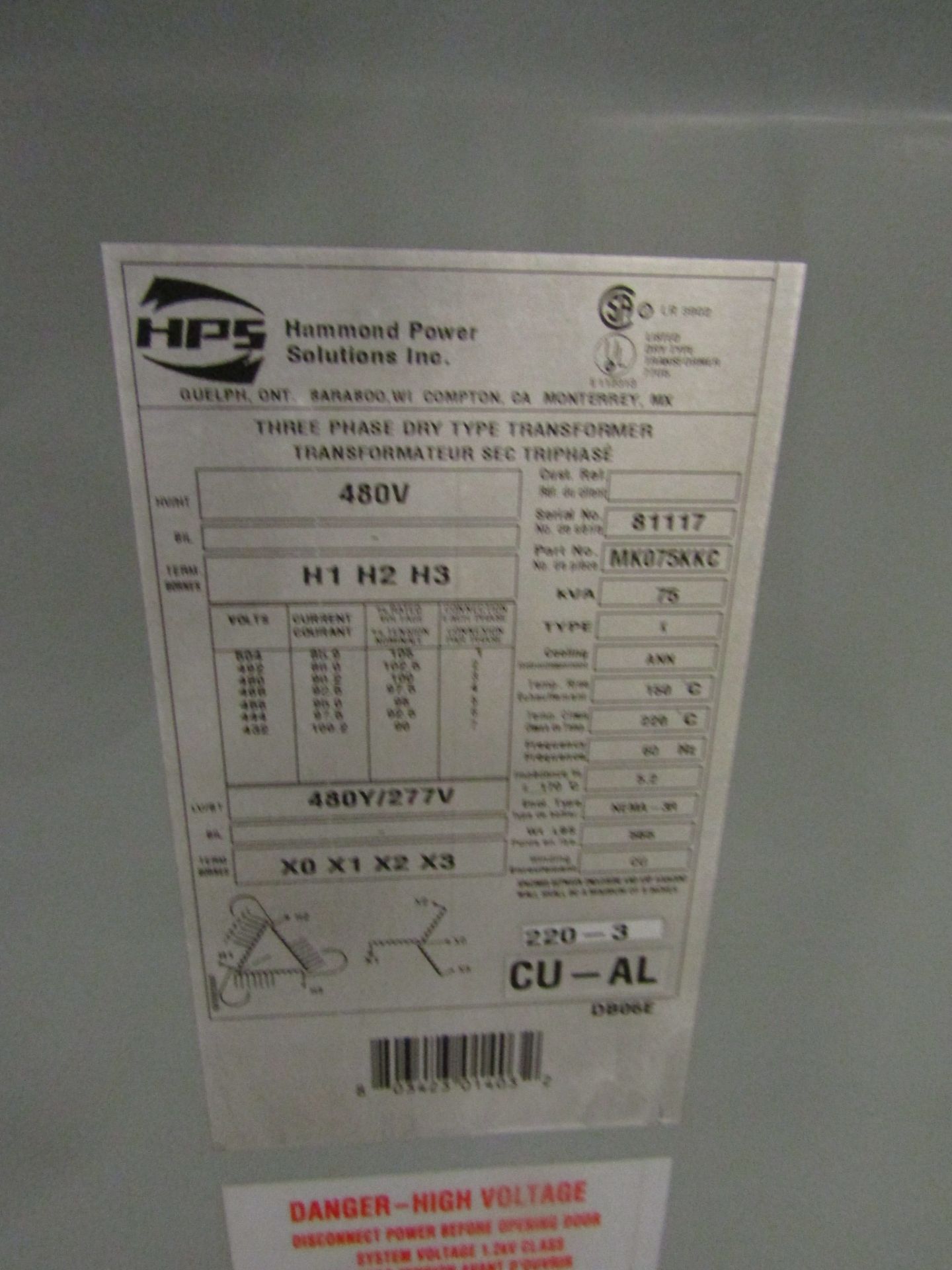 Hammond 75 KVA Electrical Transformer - 480V to 480Y / 277V 3 phase - Image 2 of 2