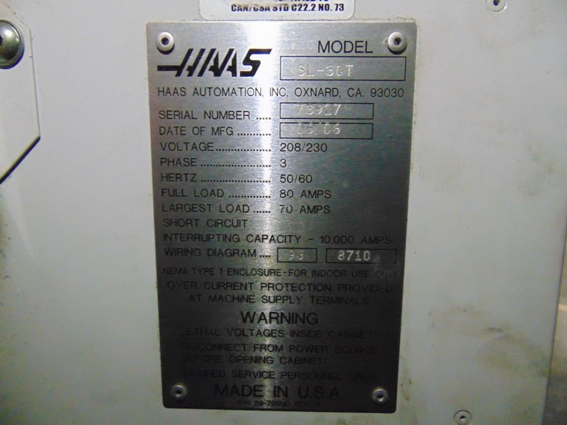 (2006) Haas mod. SL-30T, CNC Turning Center w/ Haas VOP-C 30hp Vector Drive, Tail Stock & Tool - Image 7 of 7