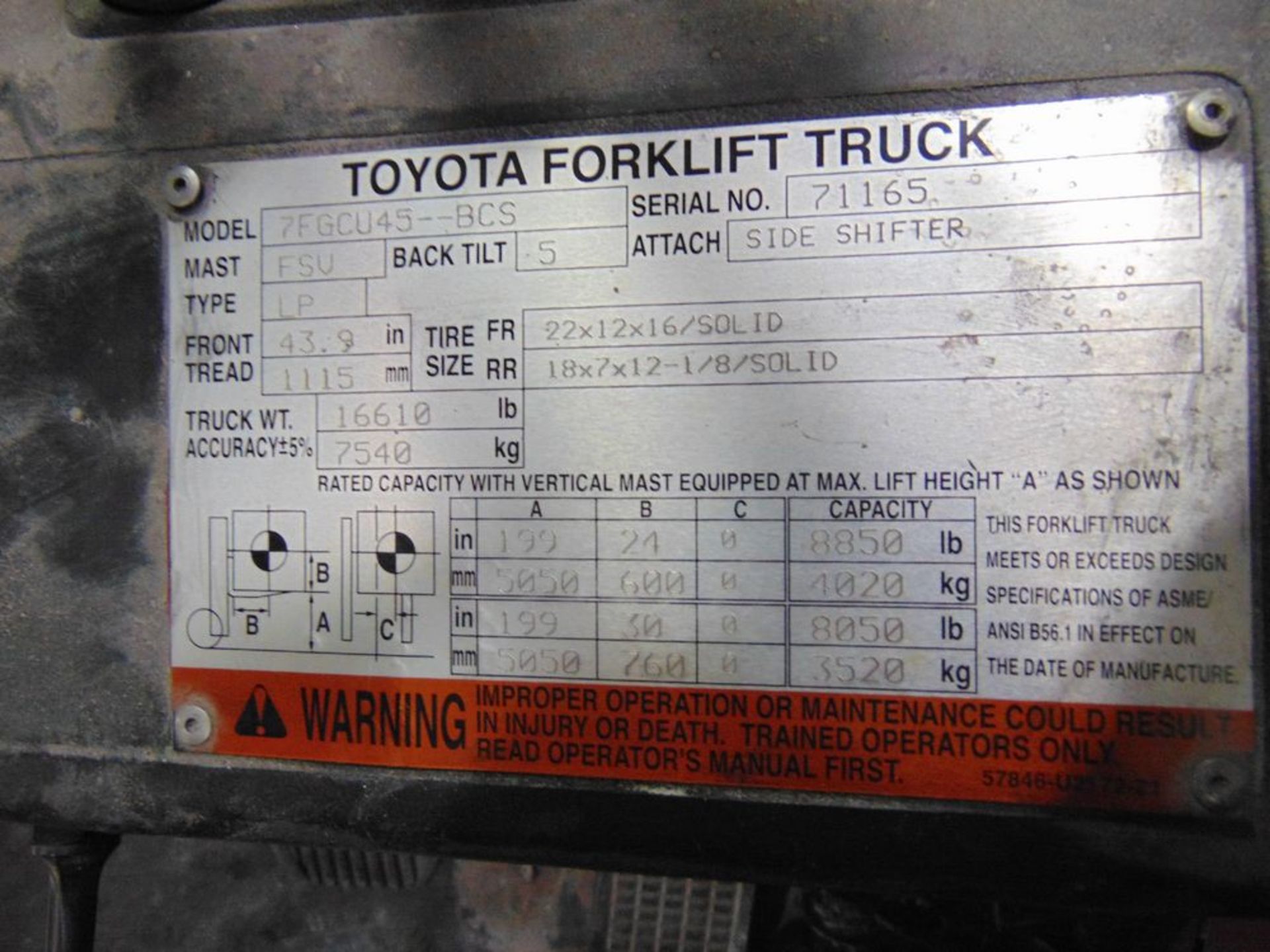 Toyota mod. 7FGCU45-BCS, 10,000lb. Cap Forklift LPG, 3-Stage Mast, Hard Tires, Hours: n/a; S/N 71165 - Image 6 of 6