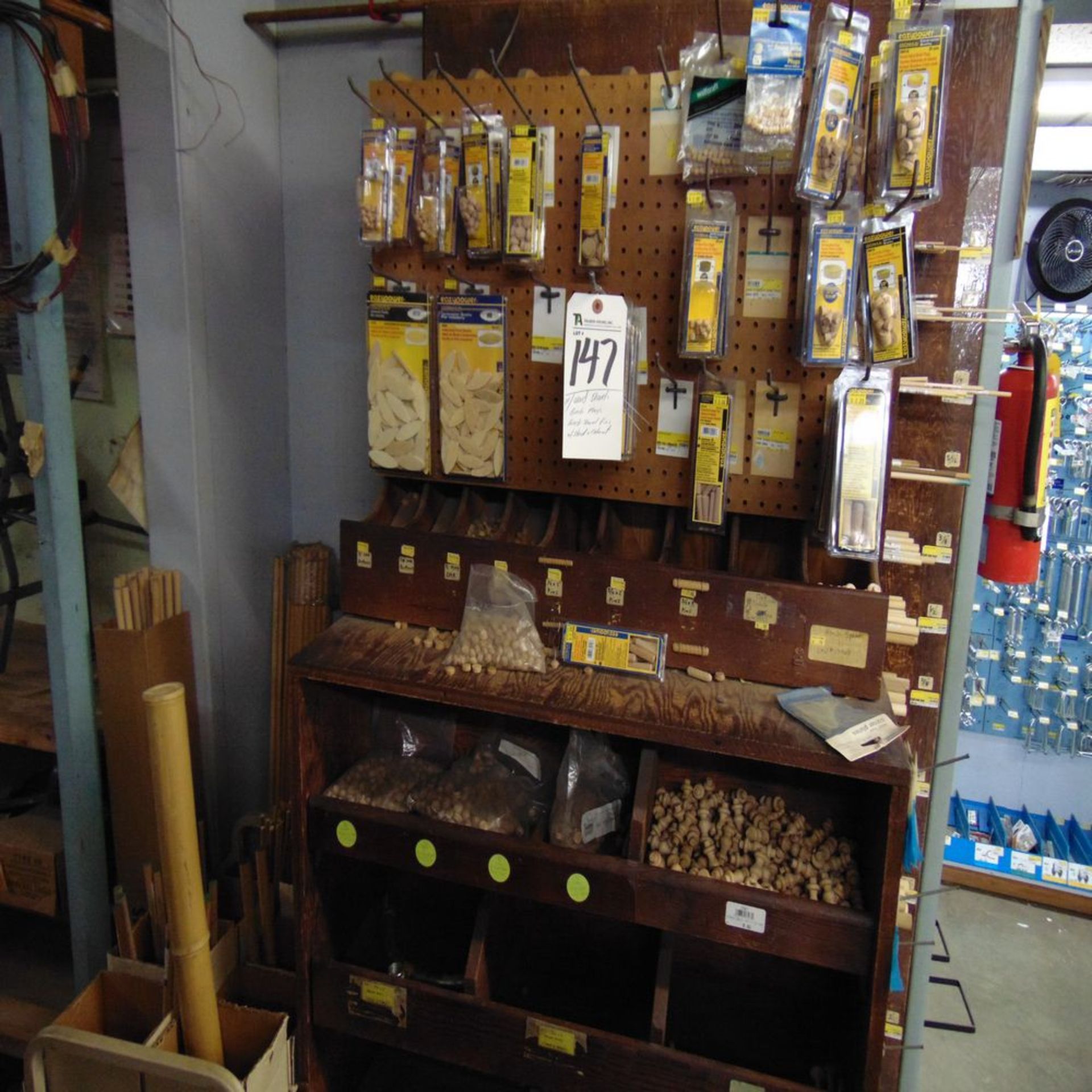 (Lot) Wood Dowels, Birch Plugs, Birch Dowel Pins w/ Stand & Cabinet