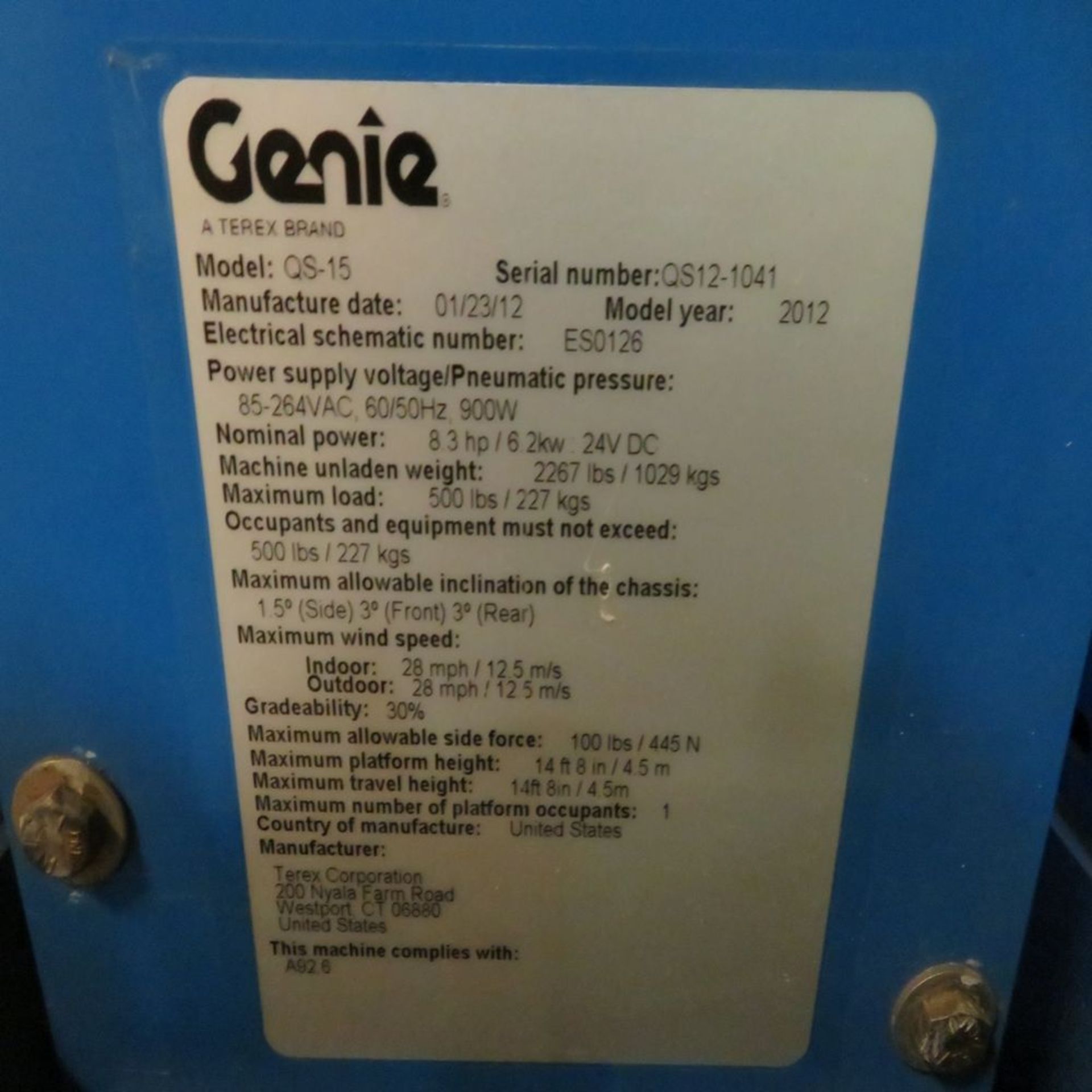 (2012) Genie mod. QS-15W Electrical Aerial Lift, 500lb. Max Cap.; S/N QS12-1041 - Image 4 of 4