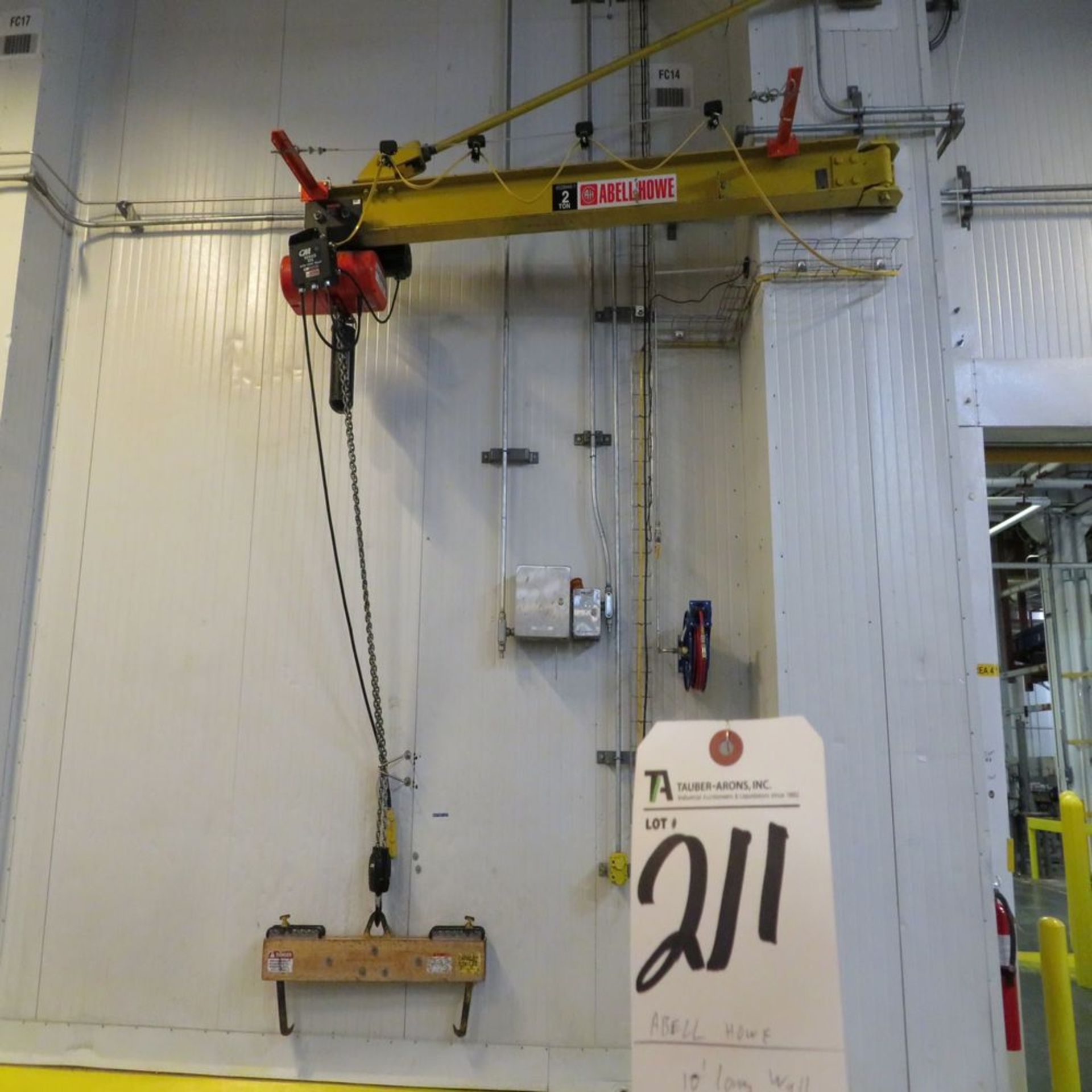 (Lot) Abell Howe 10'L Wall Mounted Jib Crane, 2-Ton Cap., Electric Hoist & BHS mod. Lift Attachment