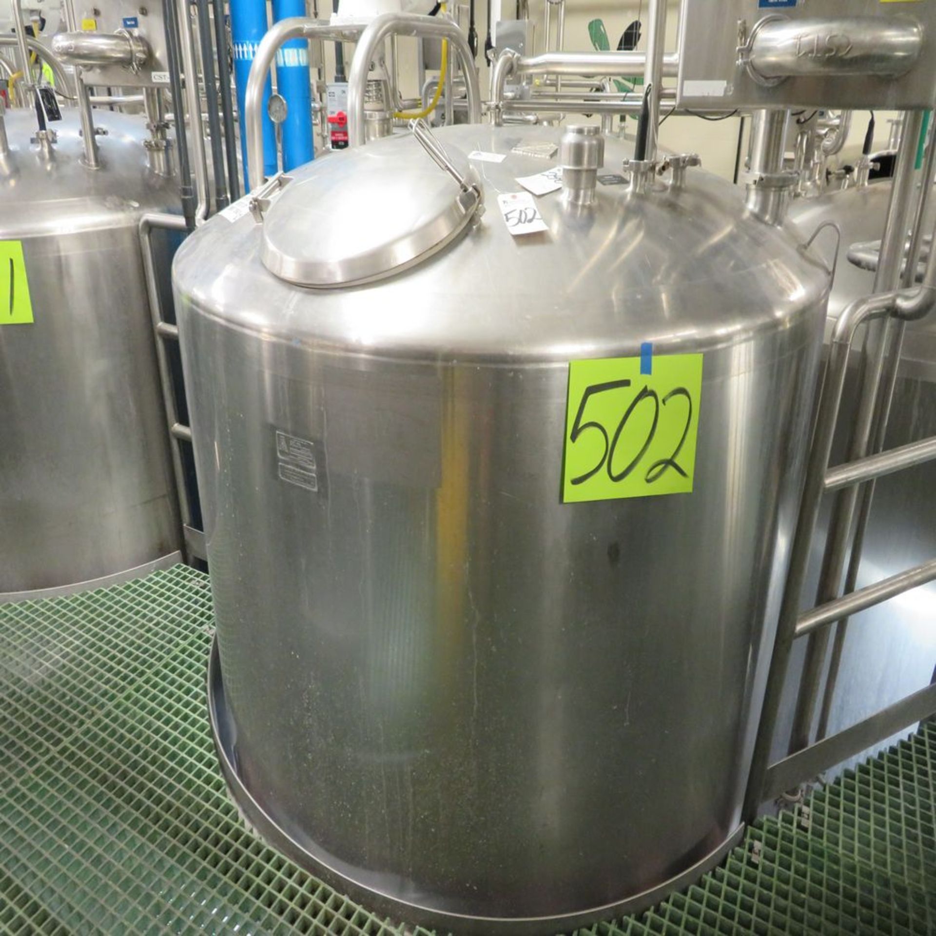 dci mod. S.S. Jacketed, Flat Bottom Tank w/ 1300 Gal. Cap, Agitator High-Level Alarm Sensor; S/N