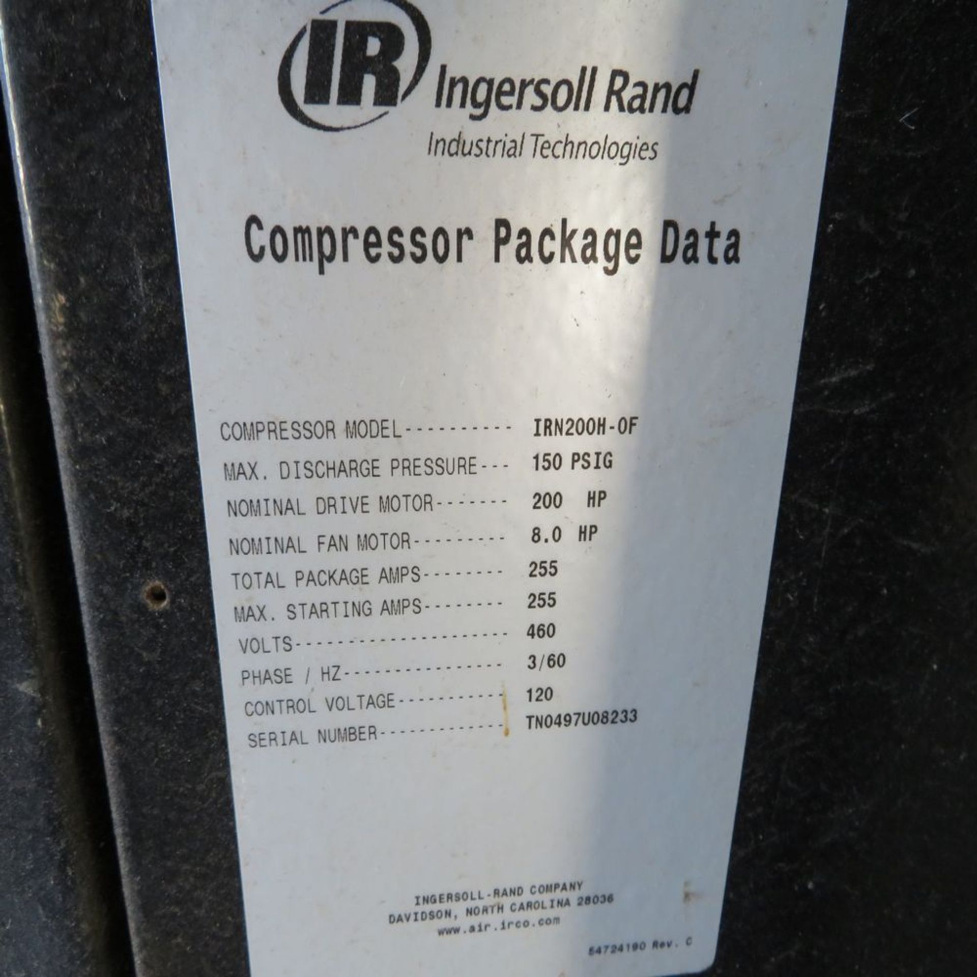 Ingersoll-Rand mod. IRN200H, 200hp Rotary Screw Air Compressor; S/N TN0497U08233 (No Pipe/Wire) Hrs: - Image 4 of 4