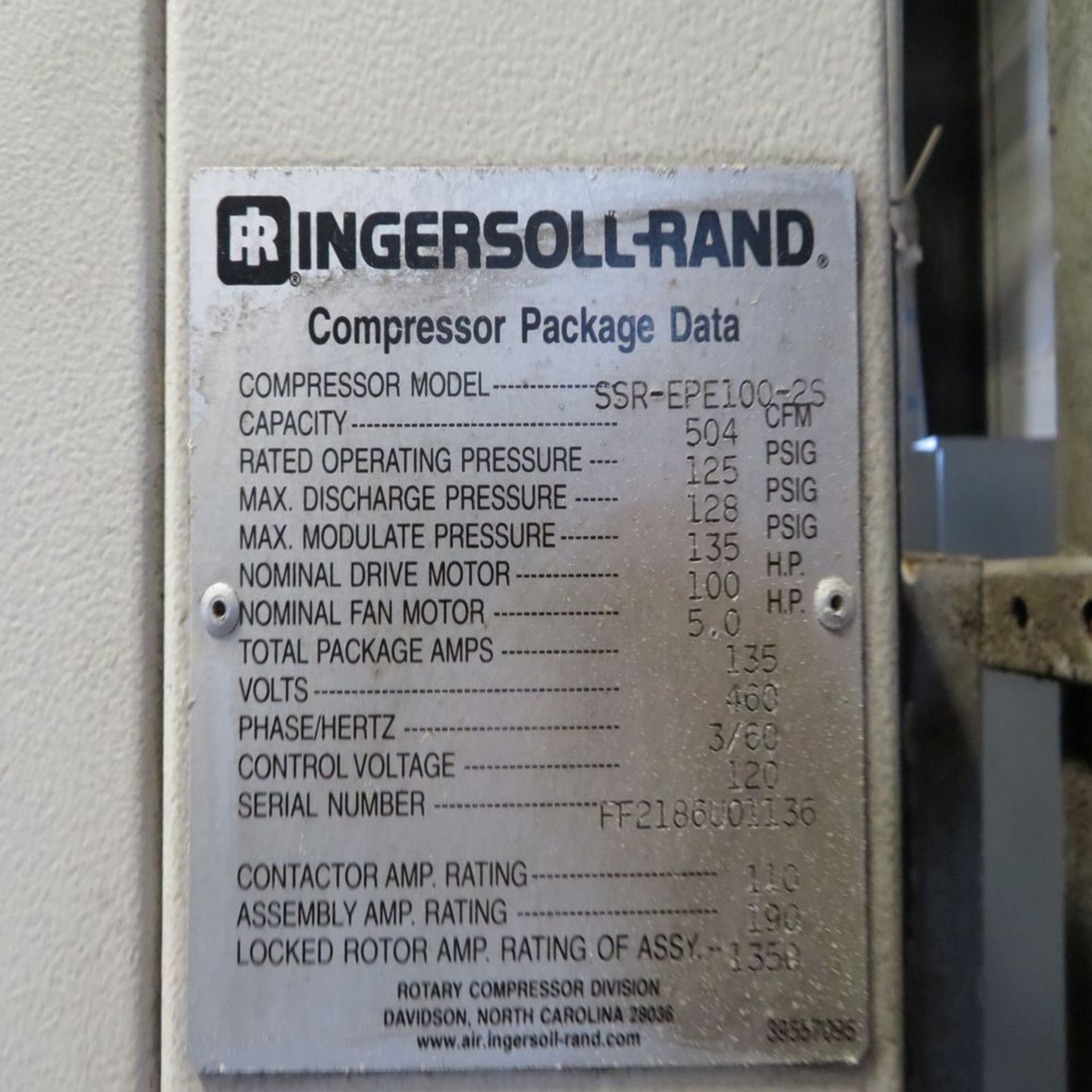 Ingersoll-Rand mod. SSR-EPE 100-2S, 100hp Rotary Screw Air Compressor; S/N FF2186V01136 (No Pipe/ - Image 3 of 3