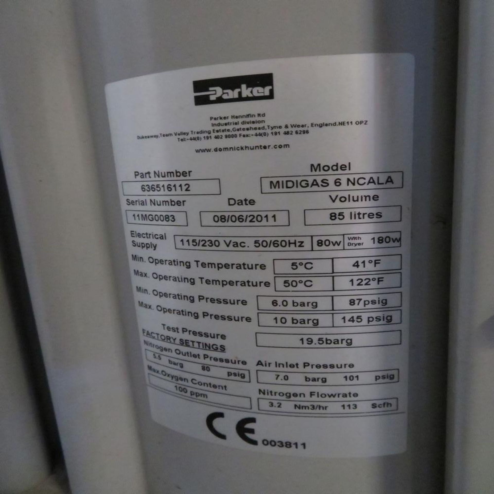 (Lot) Parker Mid Gas6-NCALA, Nitrogen Gas Generator w/ Receiving Tank. Part No. 636516112; S/N - Image 4 of 4