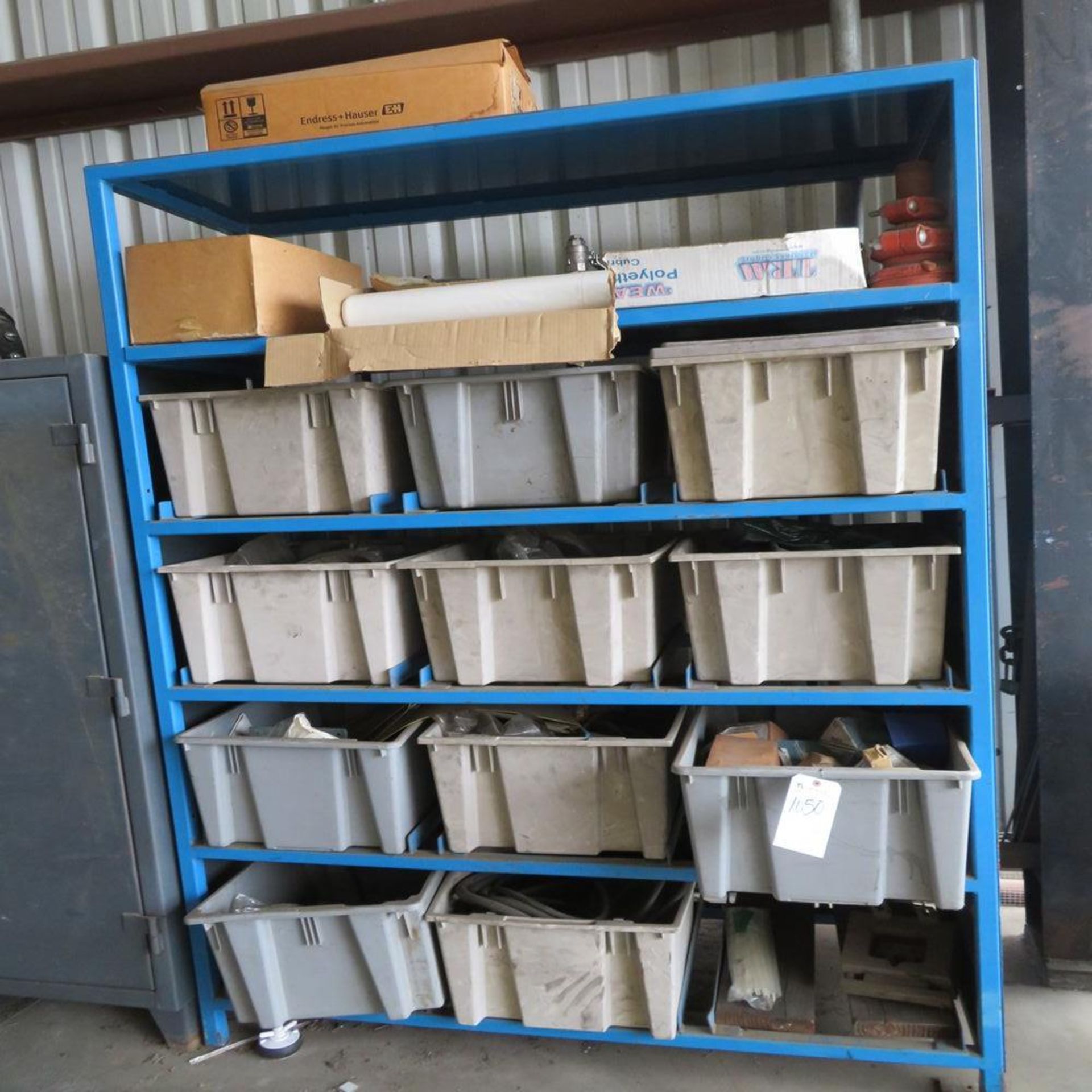 (Lot) Steel Storage Rack w/ Pullout Binds & Contents