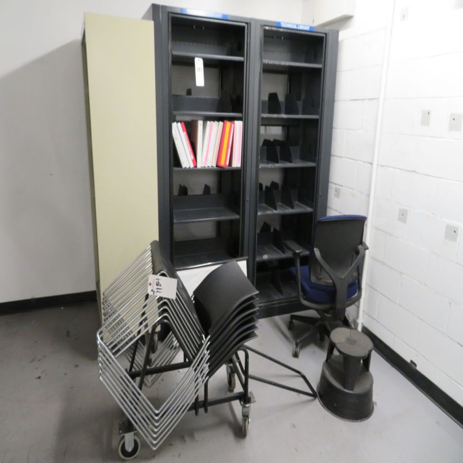 (Lot) Double-Sided Metal Bookshelf w/ Chairs