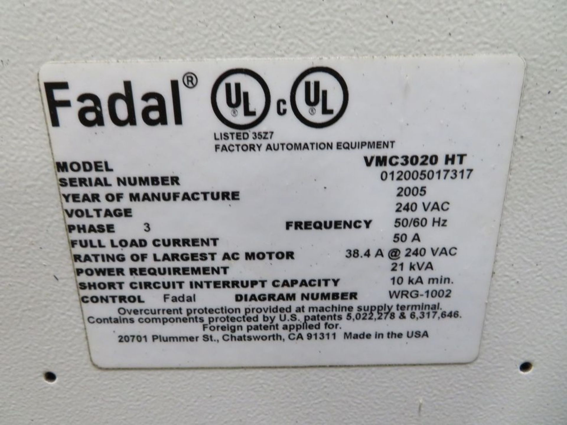 (2005) Fadal VMC 3020-HT, 24-Position ATC w/ Fadal Multi Processor CNC Controls, 10,000 RPM; S/N - Image 6 of 6