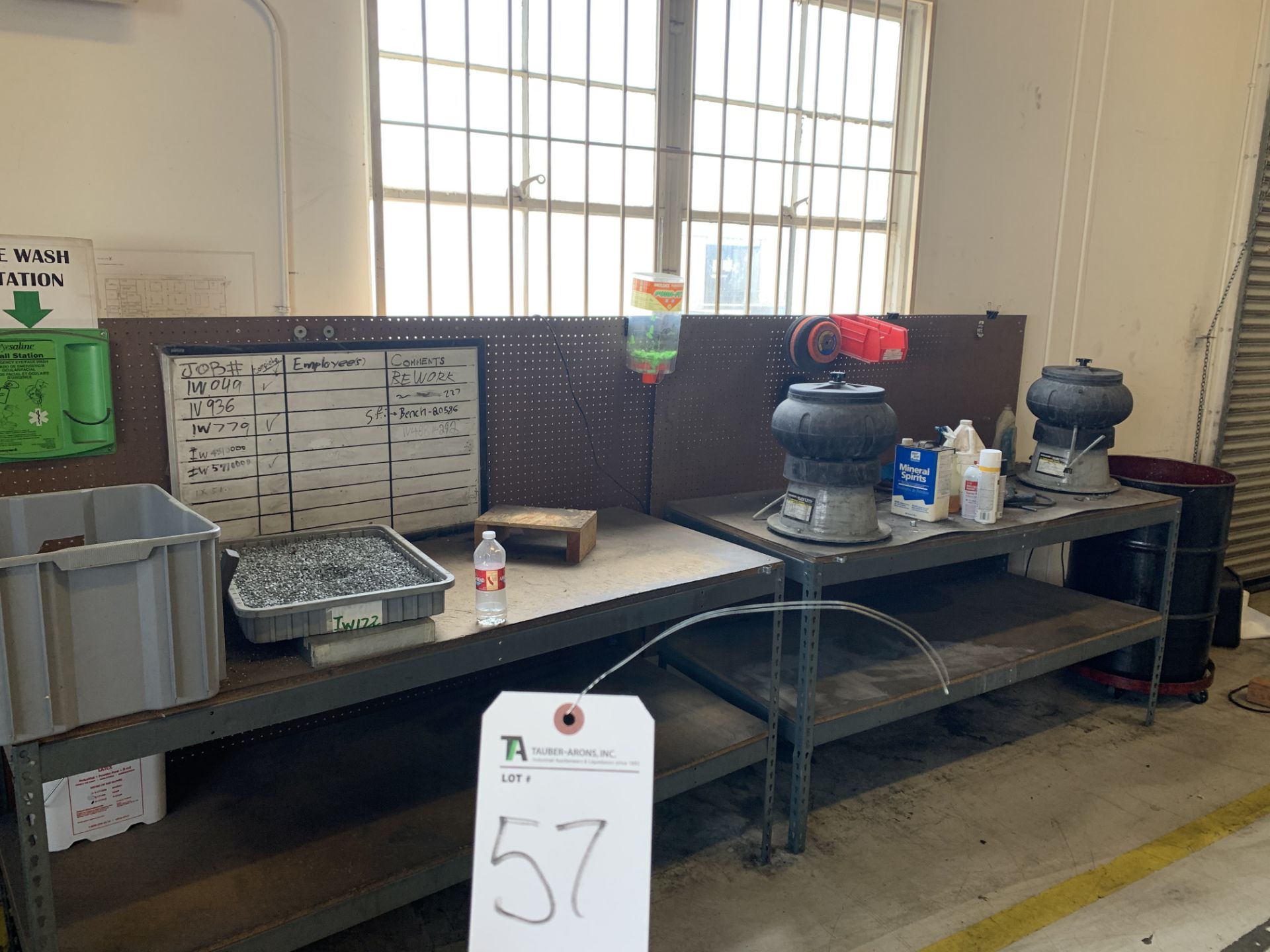 (Lot) (2) steel work tables w/ (2) Vibratory bowls and steel rack