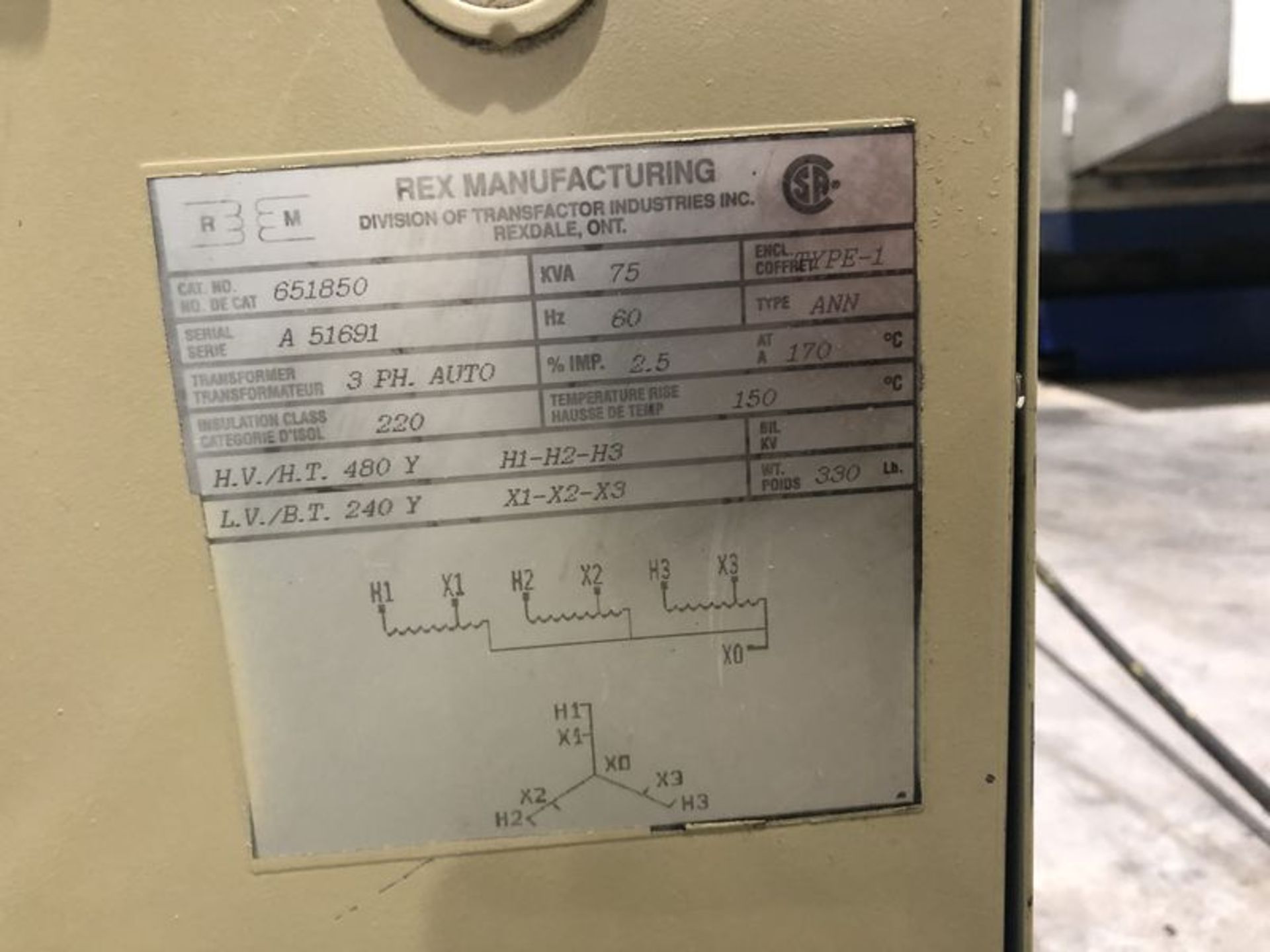 Rex Manufacturing 651850 75 KVA Transformer - Image 2 of 2