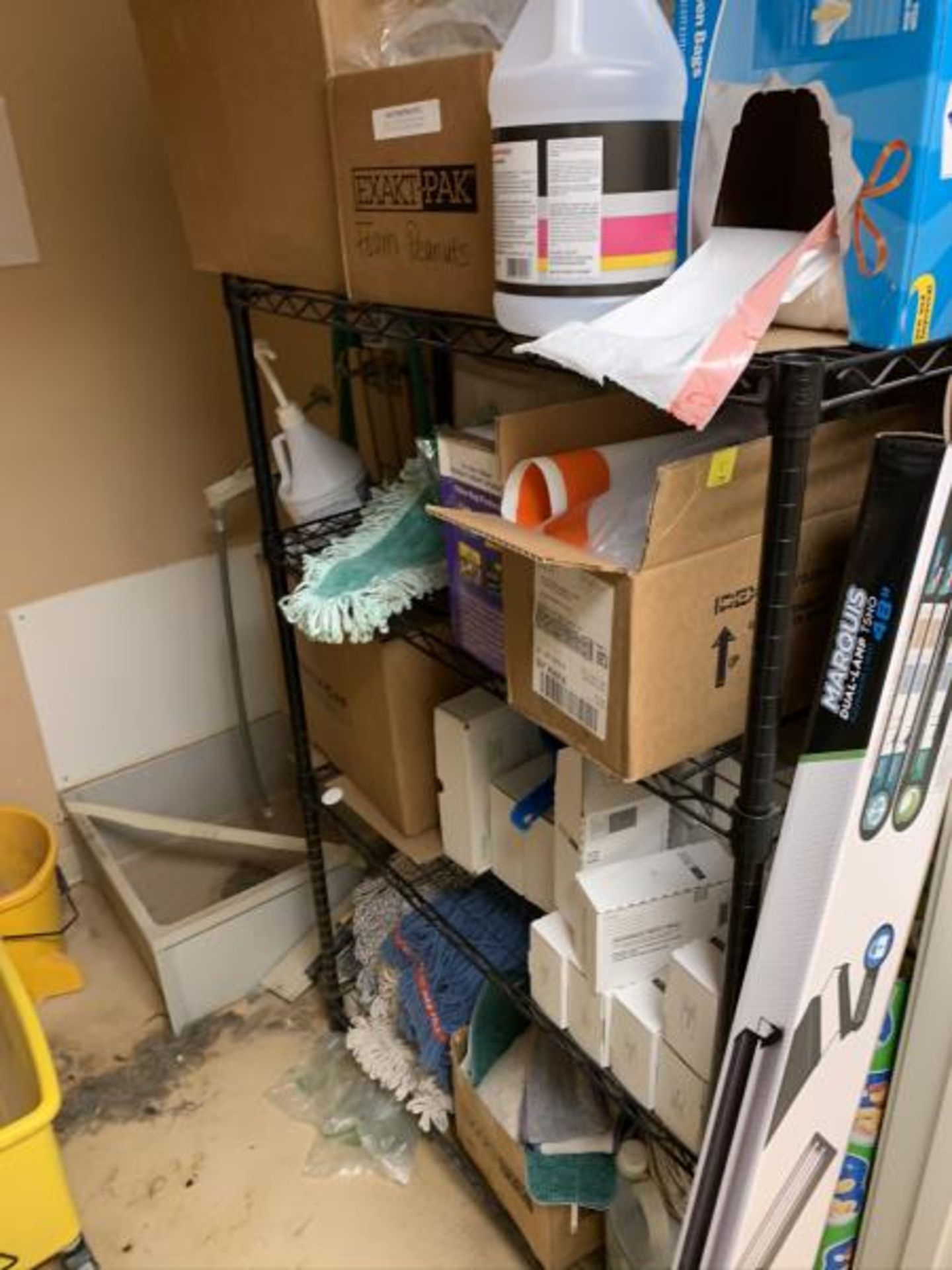 Contents Of Storage Closet w/ Black Metal Wire Rack, Mop Buckets & Misc Supplies - Image 2 of 3