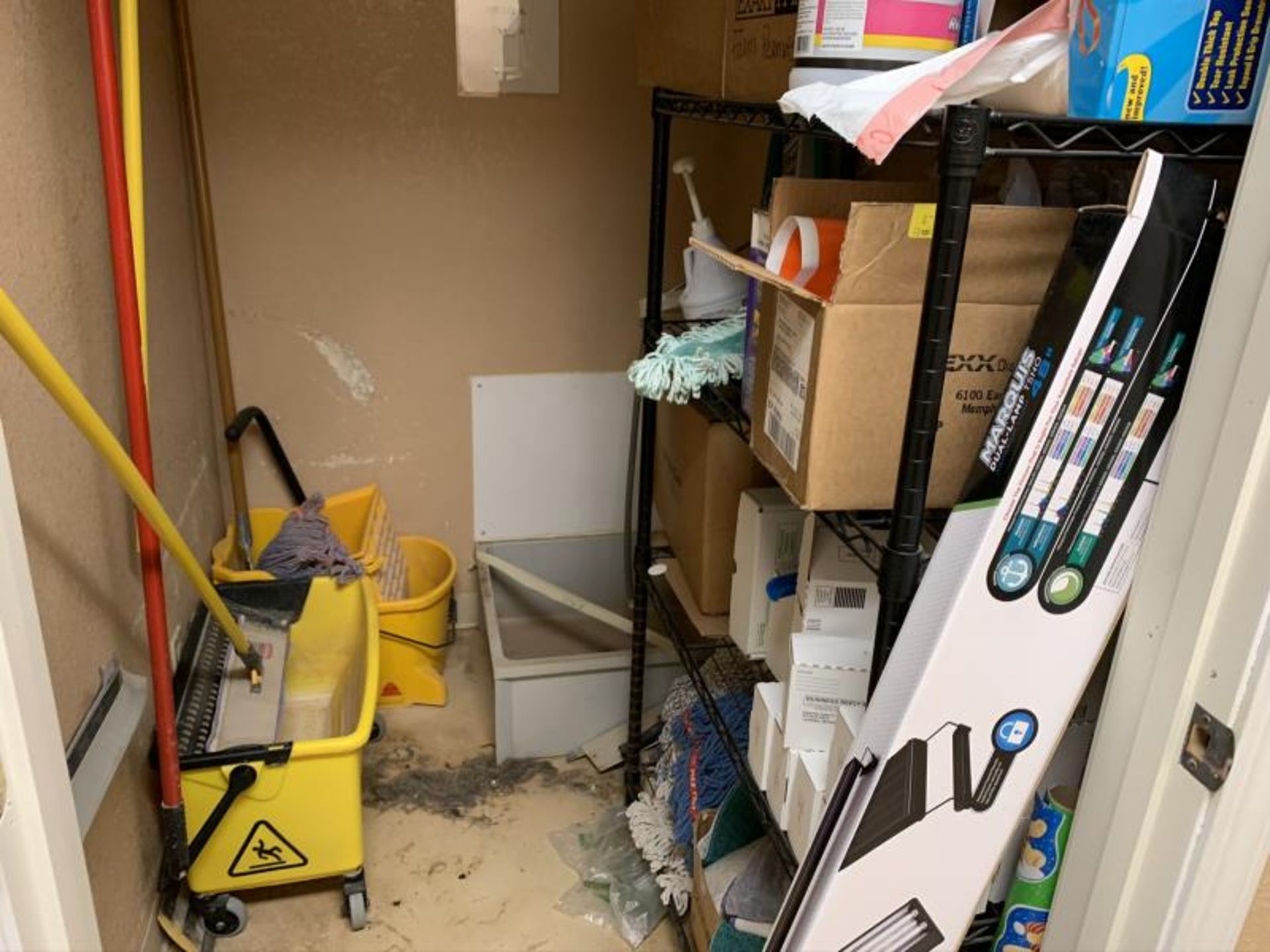 Contents Of Storage Closet w/ Black Metal Wire Rack, Mop Buckets & Misc Supplies