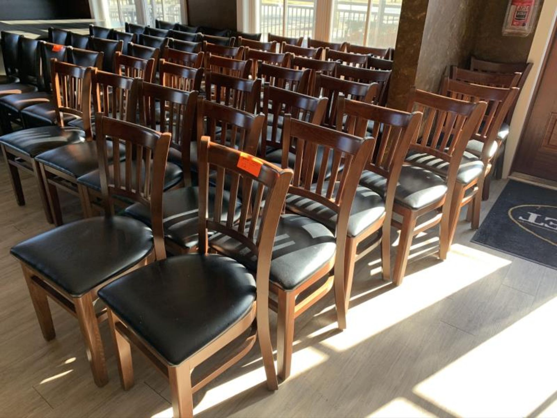 40 Dining chairs, wood frame, black vinyl seat