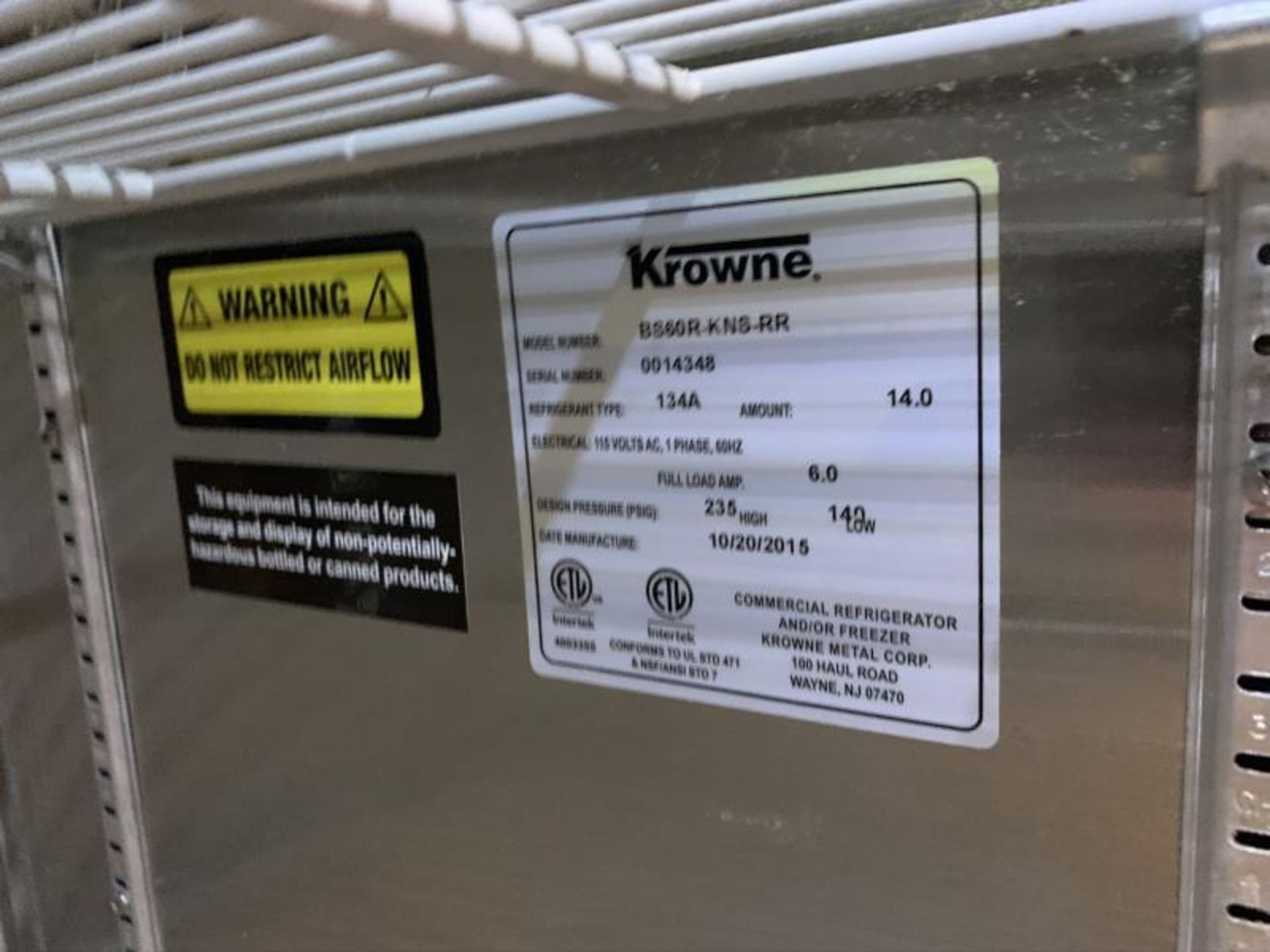 Krowne Undercounter back bar refrigerator; M: BS60R-KNS-RR, SN: 0014348, made 10/20/2015 - Image 4 of 5