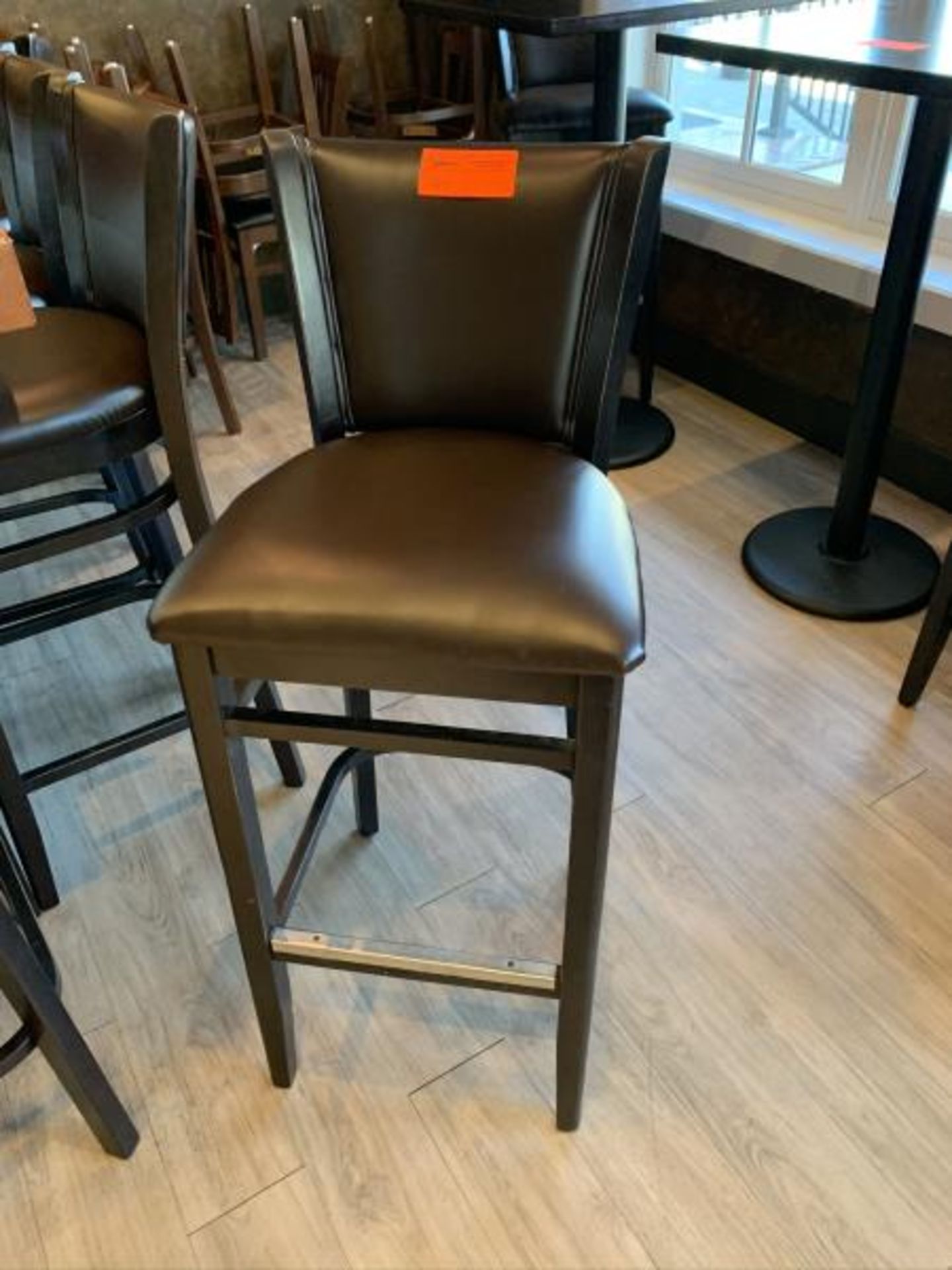 16 Bar Stools, wood frame, brown vinyl back & seat