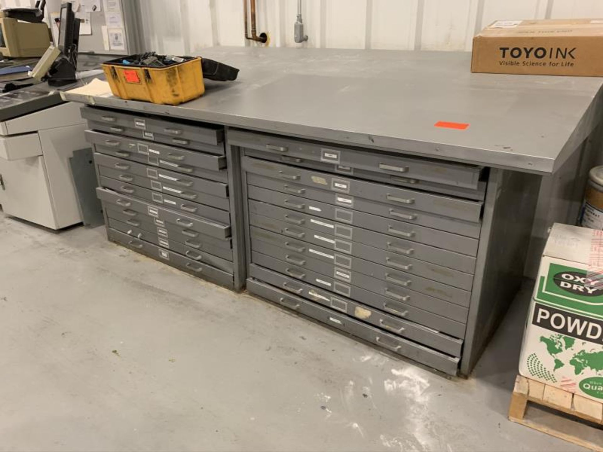 8' Table with blueprint filing cabinets