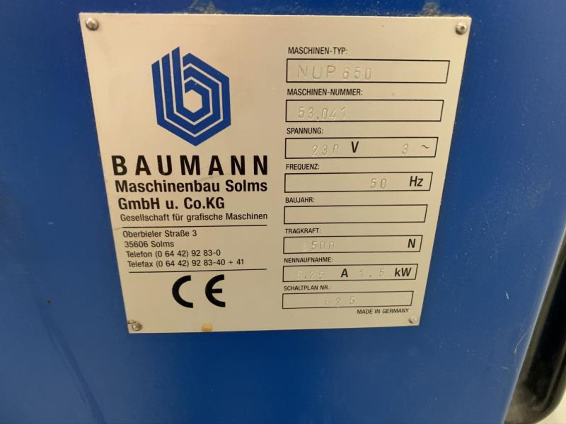 Paper Lift by Baumann, 230V, 3 Phase, 50HZ, Machine Number: NUP650, SN 59.041, 230V, 3 Phase, 50HZ - Image 3 of 3