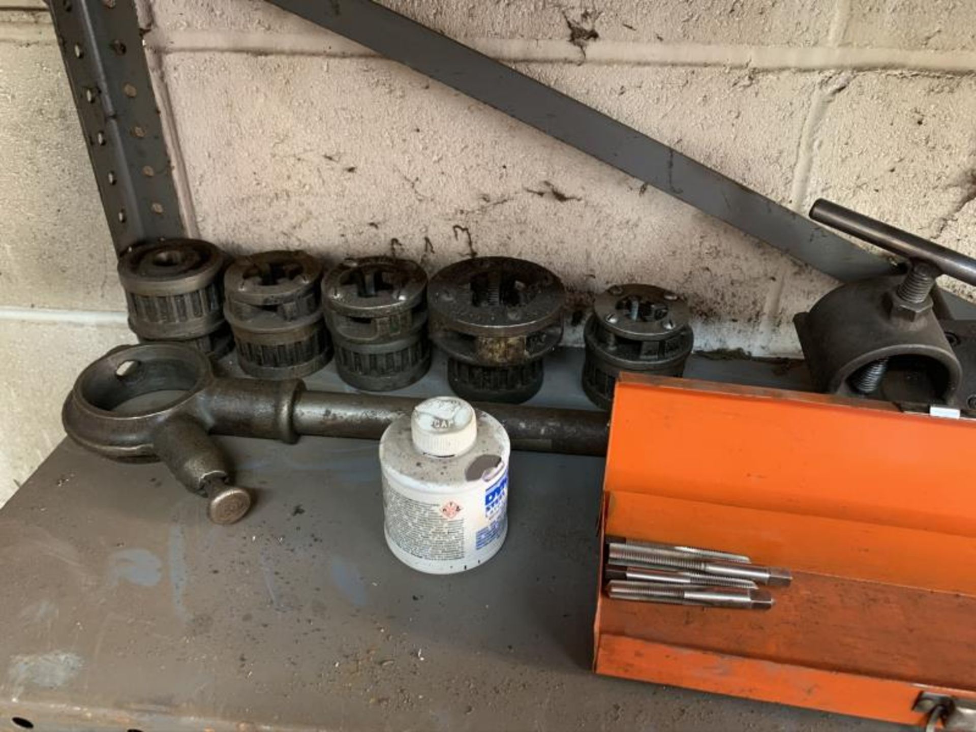 Metal Shelf with misc chucks, cutters, pipe threaders, tap, die tools - Image 3 of 9