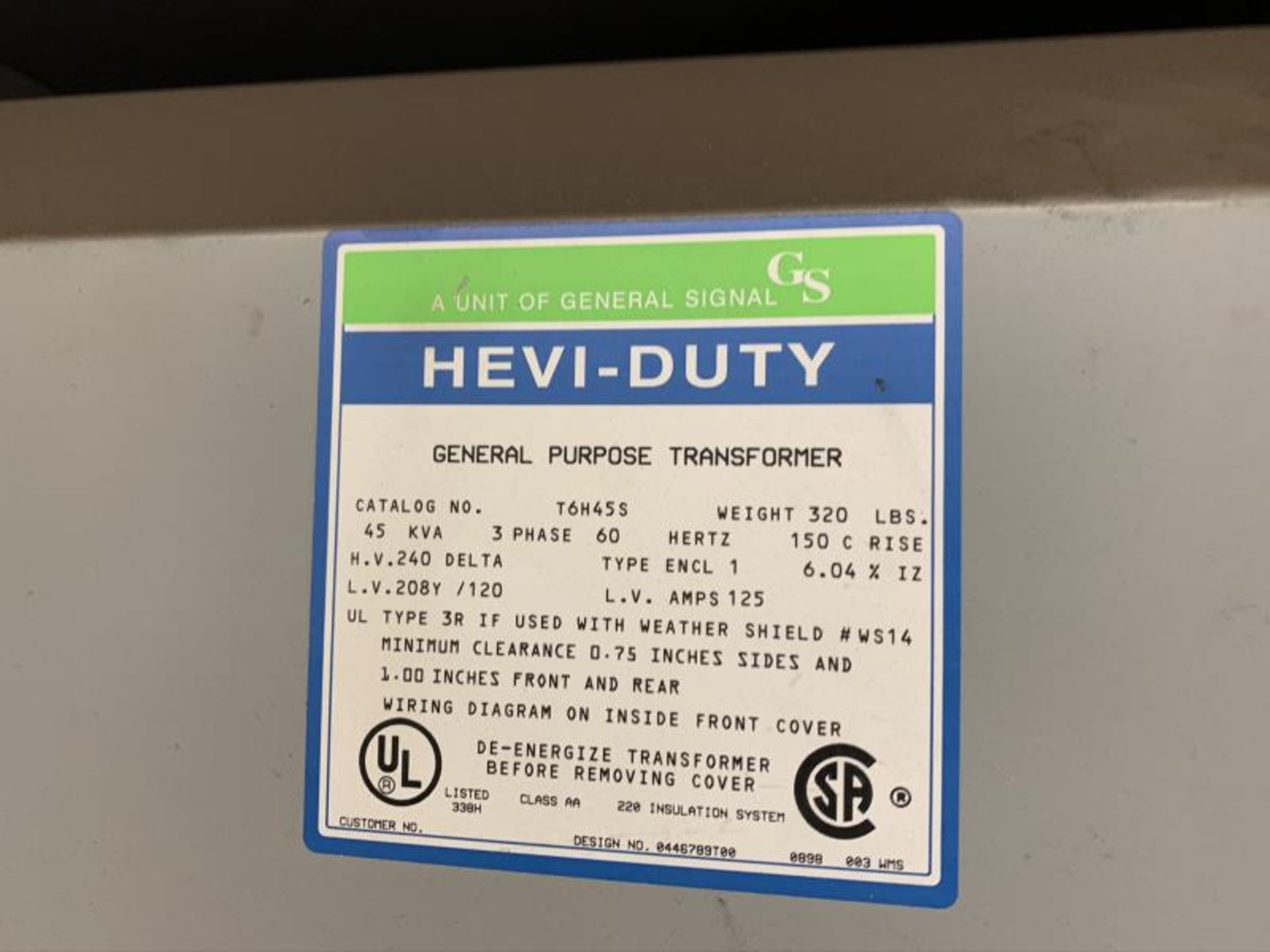 Hevi Duty General Purpose Transformer, 45KVA, 3 Phase, 60 Hertz - Image 2 of 4