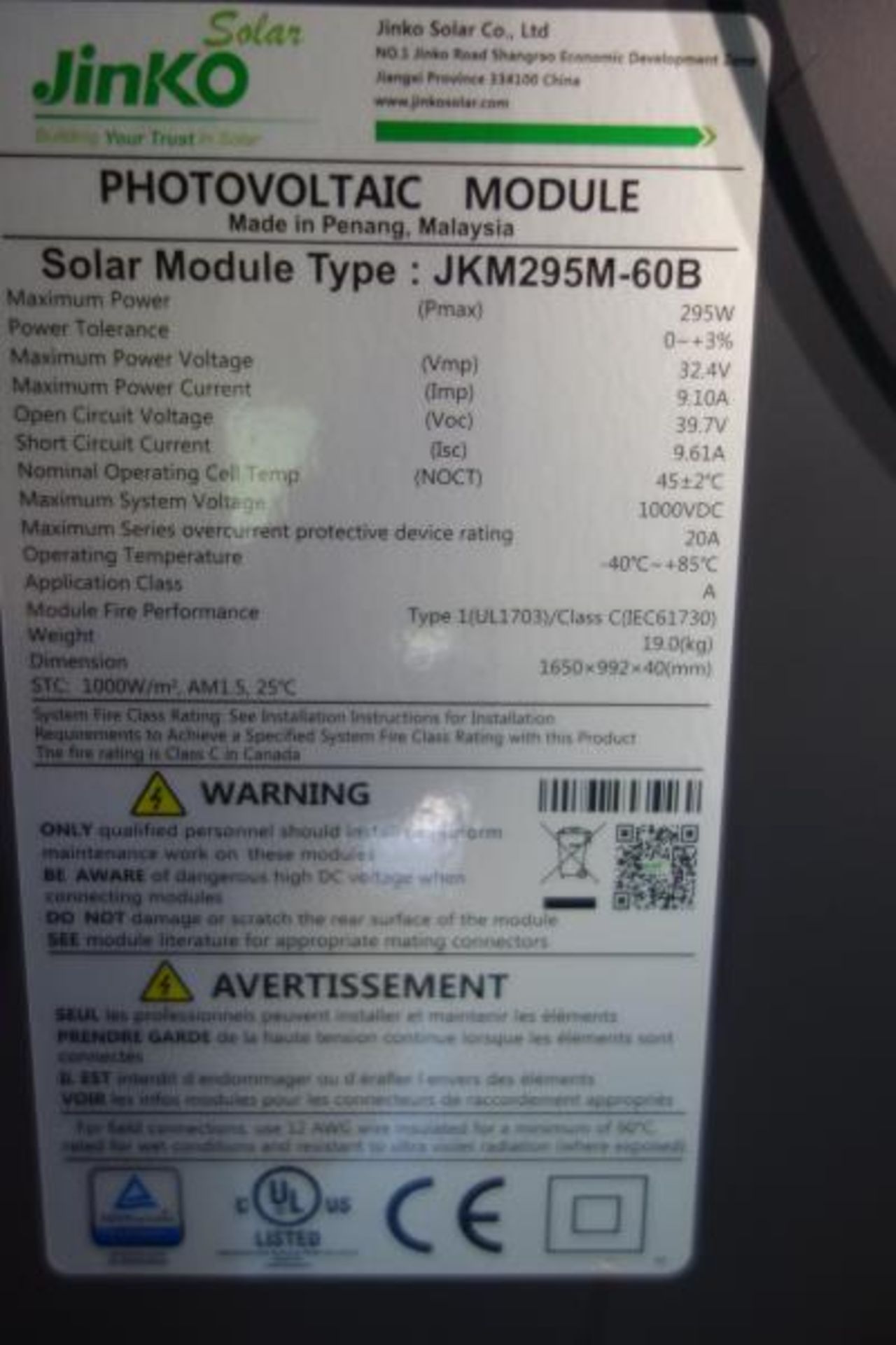 Jinko Solar Photovoltaic Module, Type: JKM295M-60B - Image 2 of 4