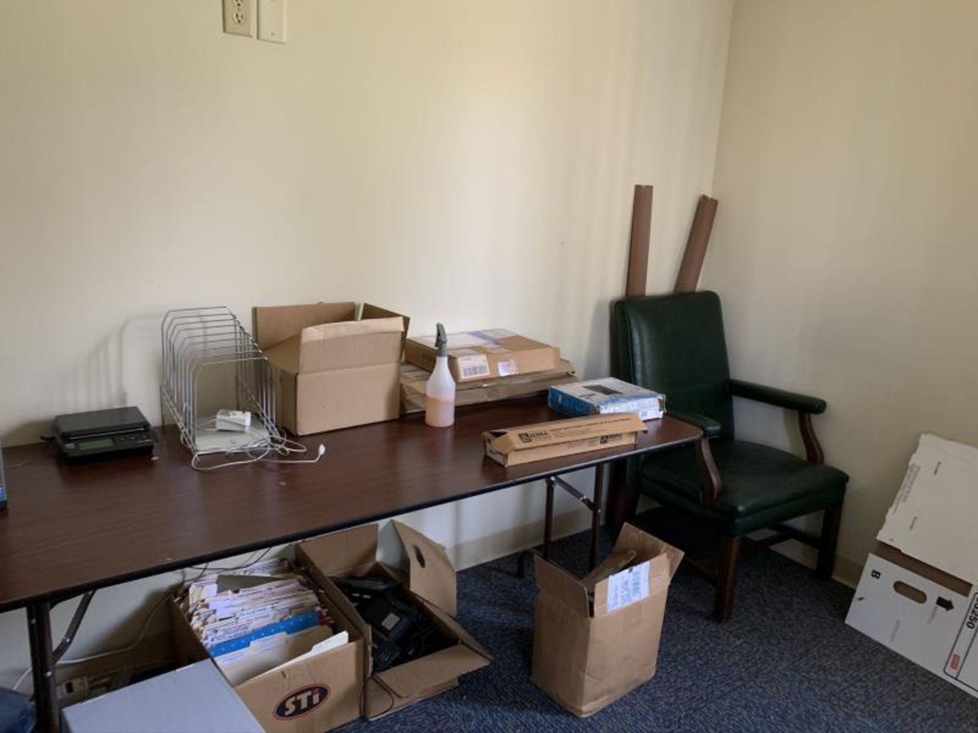 Contents of office with folding table, (2) laminte work desks, (3) flat panel monitors, Staples - Image 5 of 5