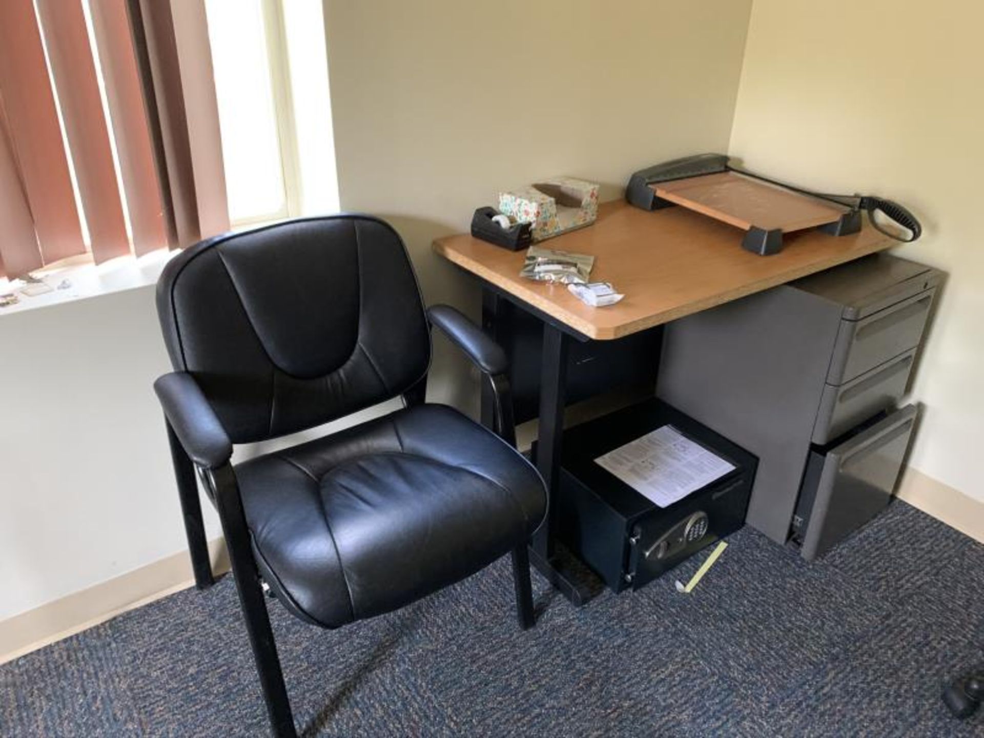 Contents of office with folding table, (2) laminte work desks, (3) flat panel monitors, Staples - Image 4 of 5