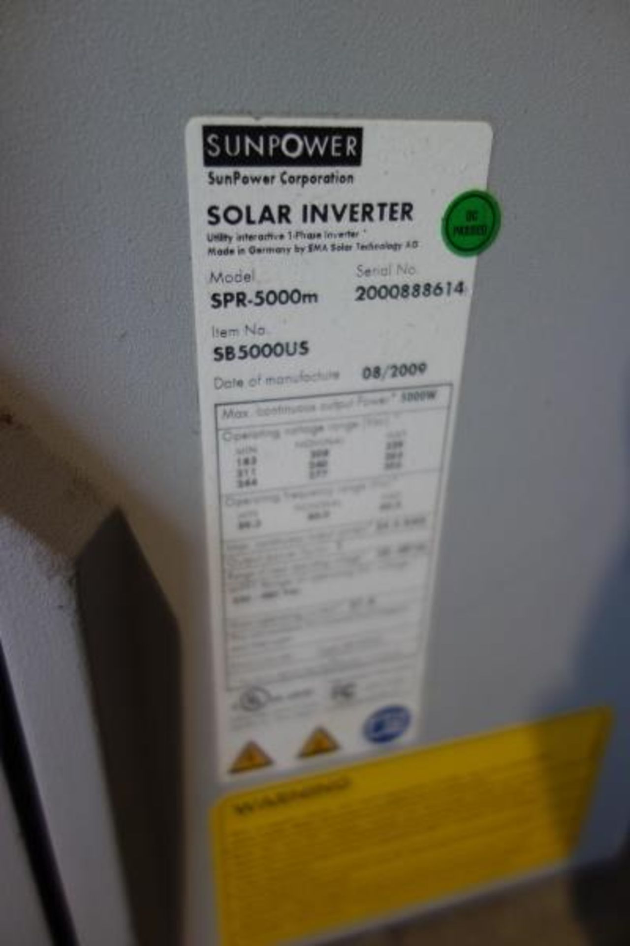 Used Aurora Power One, Sun Power Solar Inverter, Model: SPR-5000M - Image 5 of 7