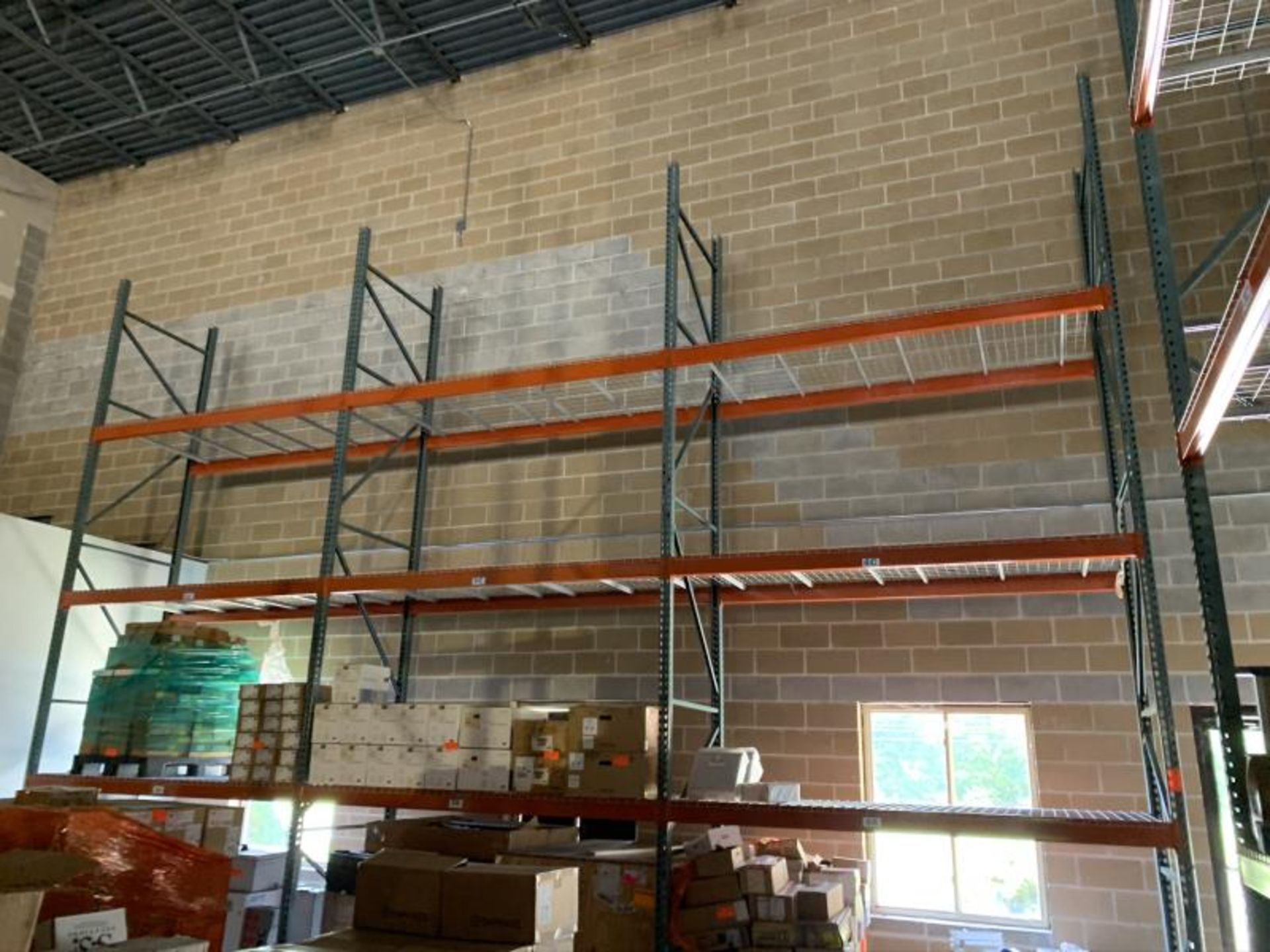 (3) Sections of pallet racking with 3 shelves of wire grid shelving