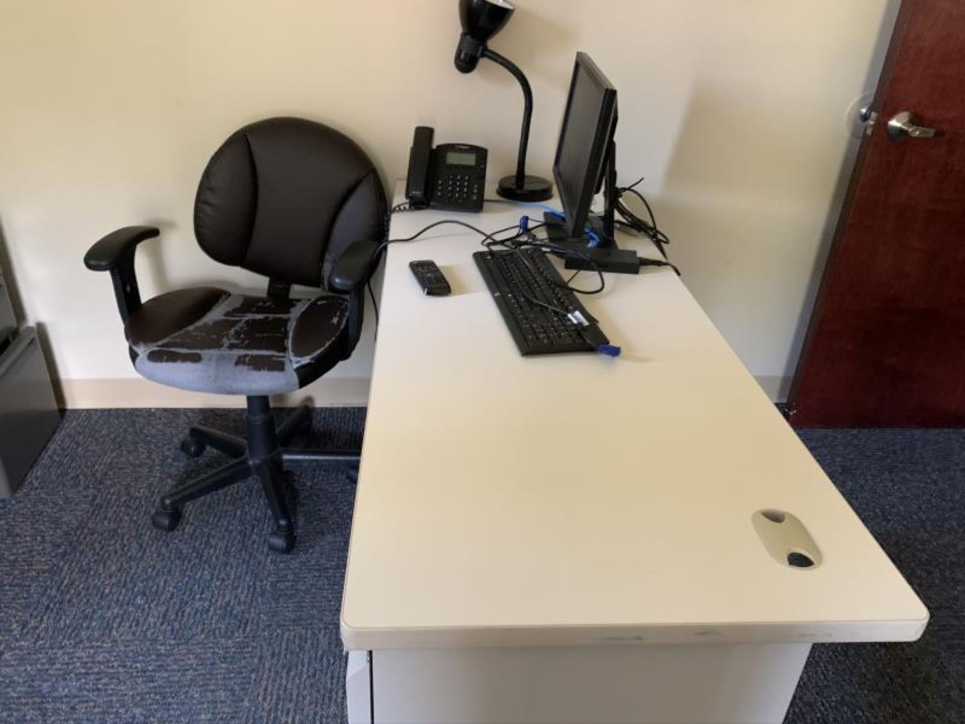 Contents of office with folding table, (2) laminte work desks, (3) flat panel monitors, Staples - Image 3 of 5