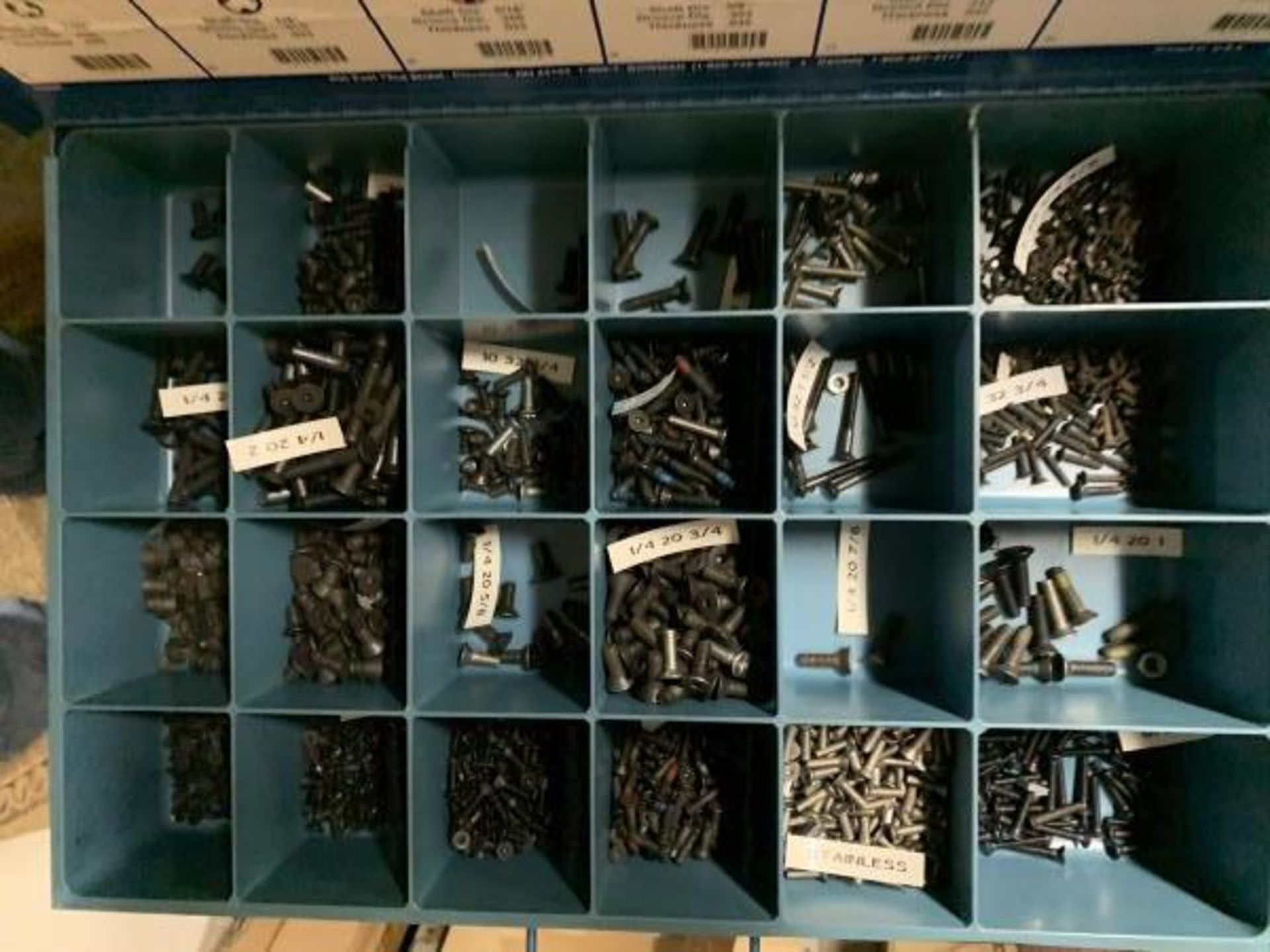 16 Blue Bowman Storage Boxes with Misc hardware, chessmen, sheet metal screws , allen screws, - Image 11 of 16