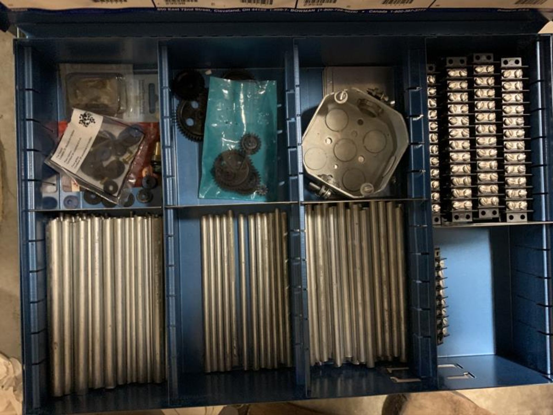 16 Blue Bowman Storage Boxes with Misc hardware, chessmen, sheet metal screws , allen screws, - Image 16 of 16