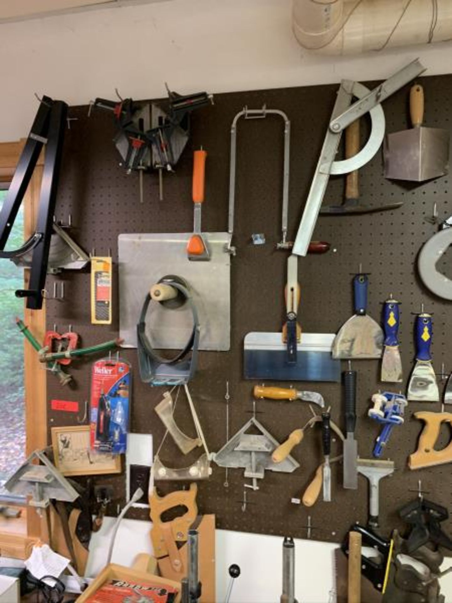 Contents of Peg Wall- Saws, Mitre, putty Knives, Chisels, Wood Scrapers