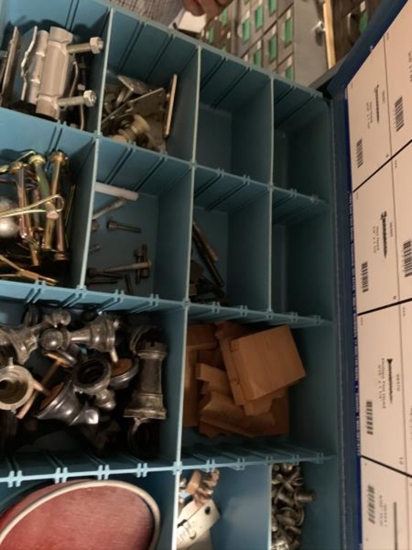 16 Blue Bowman Storage Boxes with Misc hardware, chessmen, sheet metal screws , allen screws, - Image 3 of 16