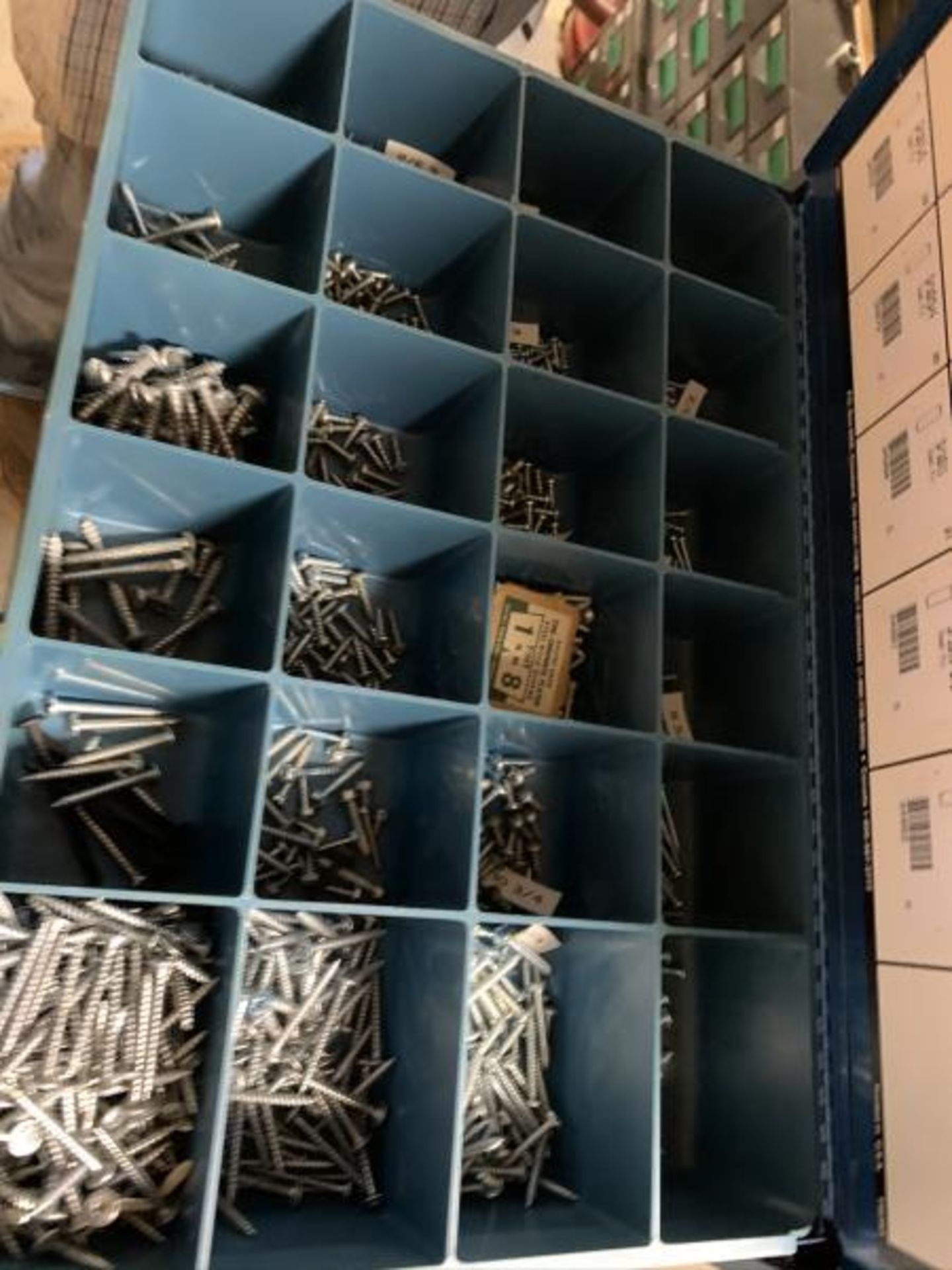 16 Blue Bowman Storage Boxes with Misc hardware, chessmen, sheet metal screws , allen screws, - Image 4 of 16