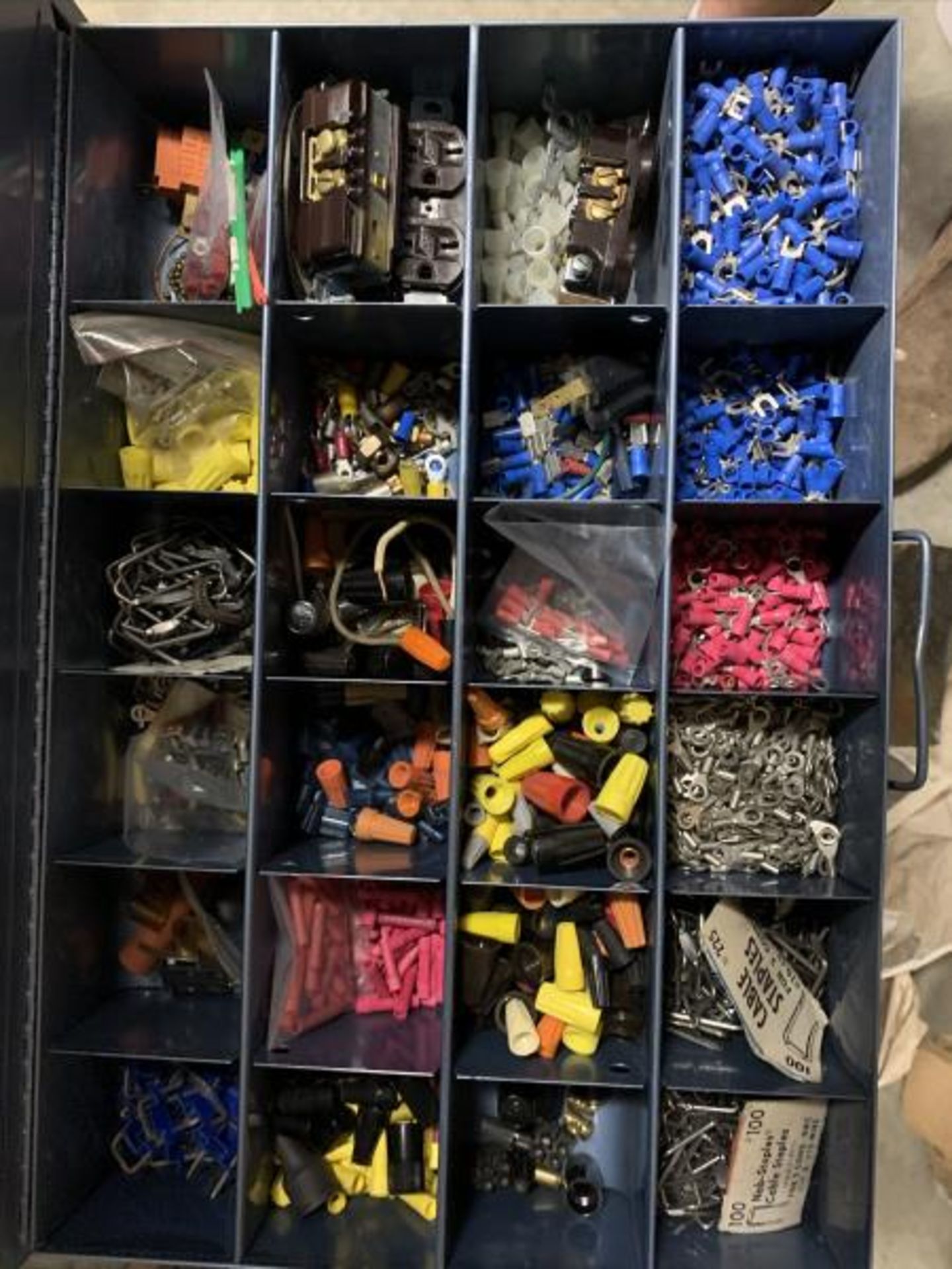 16 Blue Bowman Storage Boxes with Misc hardware, chessmen, sheet metal screws , allen screws, - Image 13 of 16