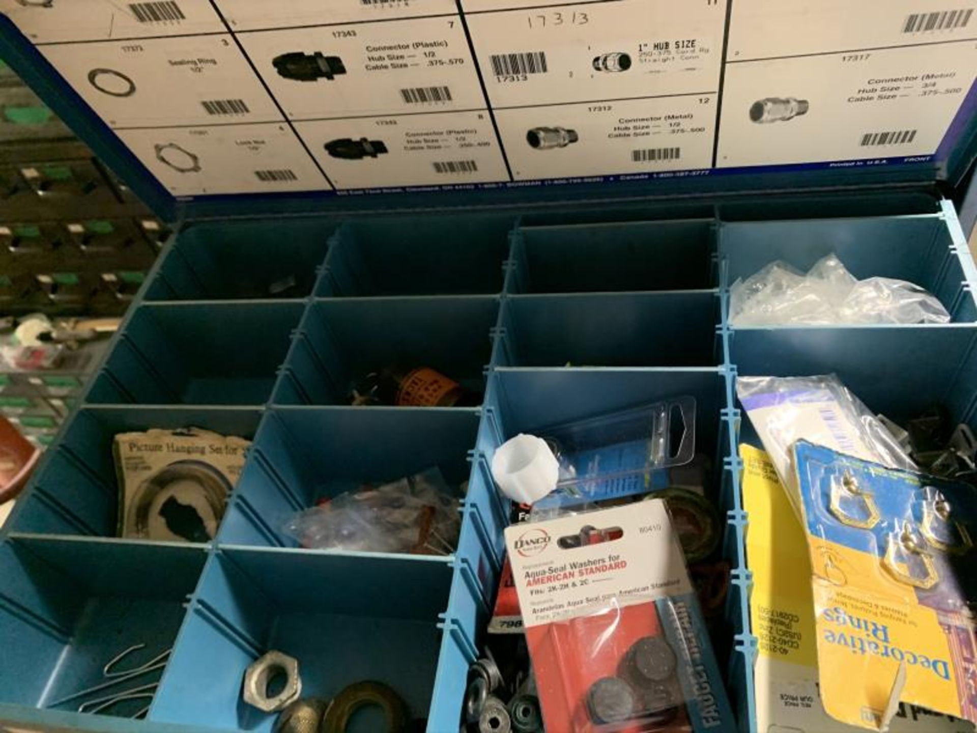 16 Blue Bowman Storage Boxes with Misc hardware, chessmen, sheet metal screws , allen screws,