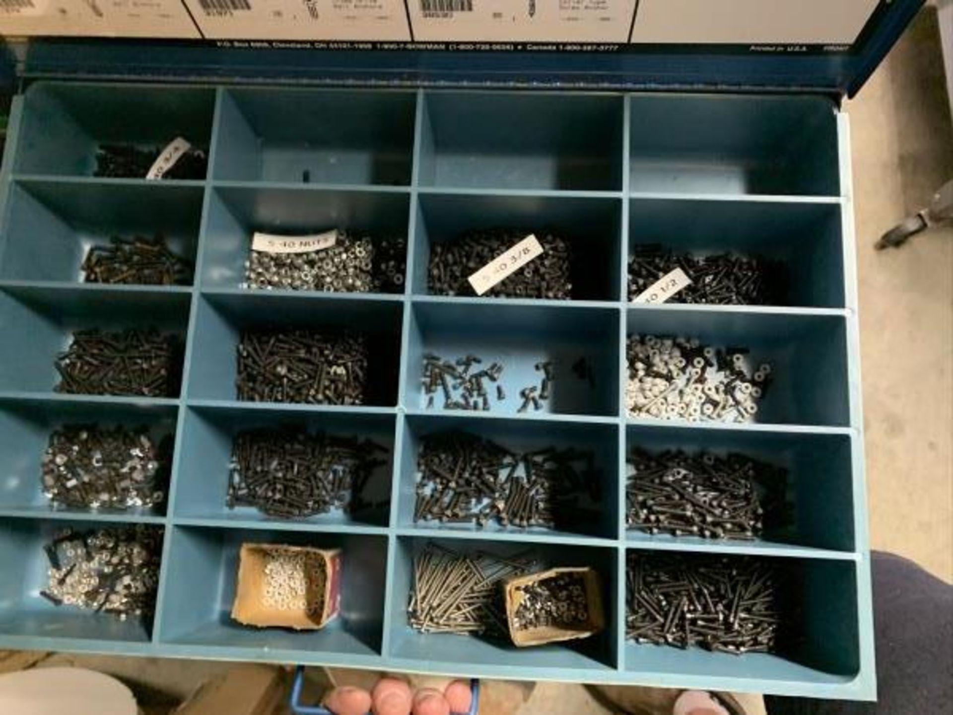 16 Blue Bowman Storage Boxes with Misc hardware, chessmen, sheet metal screws , allen screws, - Image 9 of 16