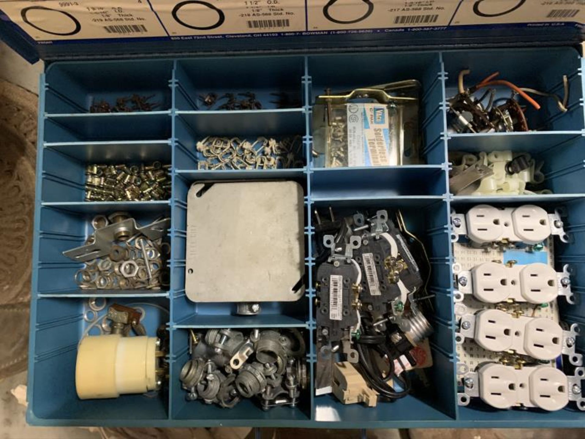 16 Blue Bowman Storage Boxes with Misc hardware, chessmen, sheet metal screws , allen screws, - Image 14 of 16