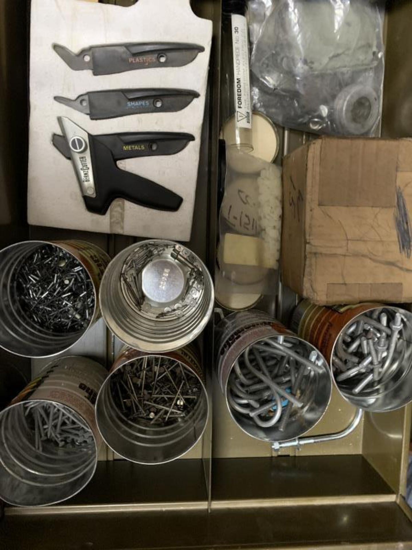 5 Drawer File Cabinet with Round head and Pan Screws, Nails, Pop Rivets, U-bolts, Berny Cutter, - Image 3 of 6