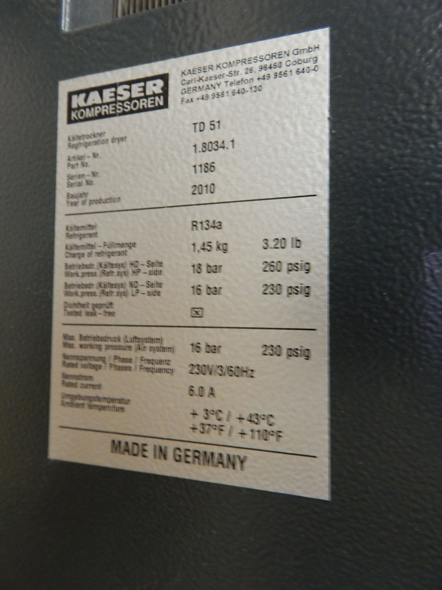 Kaeser Model TD51 Refrigerated Air Dryer, s/n 1186, New 2010 - Image 2 of 2