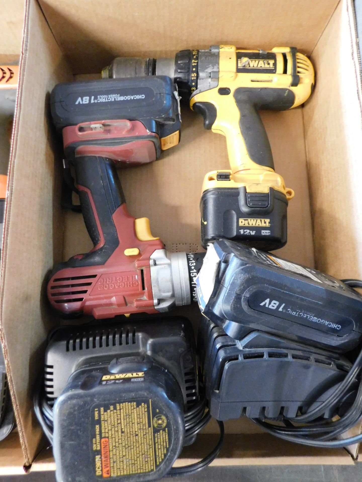 Dewalt and Chicago Electric Cordless Drills with Chargers and Batteries