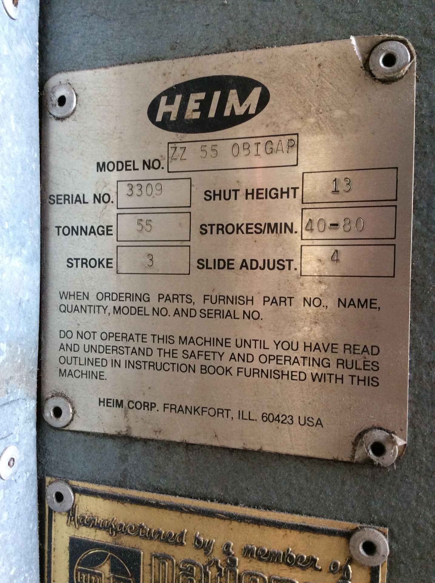 Heim Model ZZ-55-OBI Gap Frame Punch Press, s/n 3309, 55 Ton, 3 In. Stroke, 13 In. Shut Height - Image 5 of 5