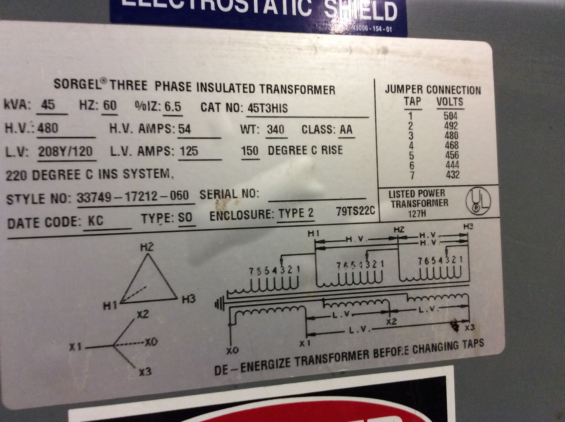 Sorgel Transformer, Catalog 45T3HIS, 45 KVA, 480 HV, 208Y/120 LV - Image 2 of 2