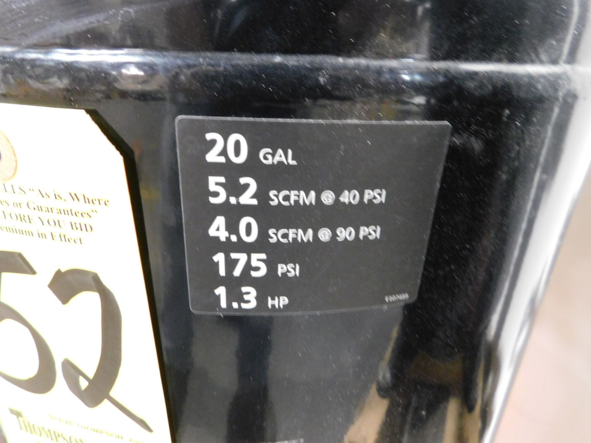 Husky Portable Air Compressor, 20 Gallon Tank, 4SCFM@ 90 PSI, 1.3 HP, 115 V, 1 Phase - Image 3 of 6