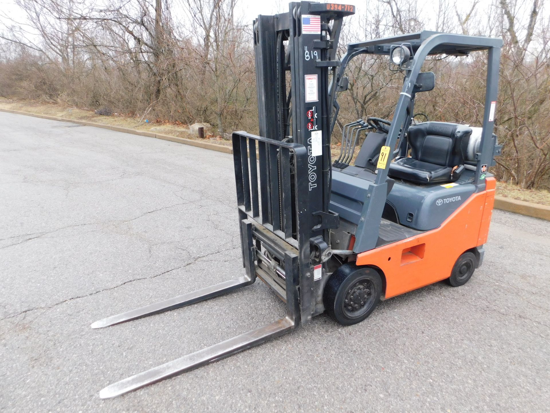 Toyota Model 8FGCU15 Forklift, SN 11819, 2,700 lb. Capacity, LP, Hard Tires, 3-Stage Mast, Side