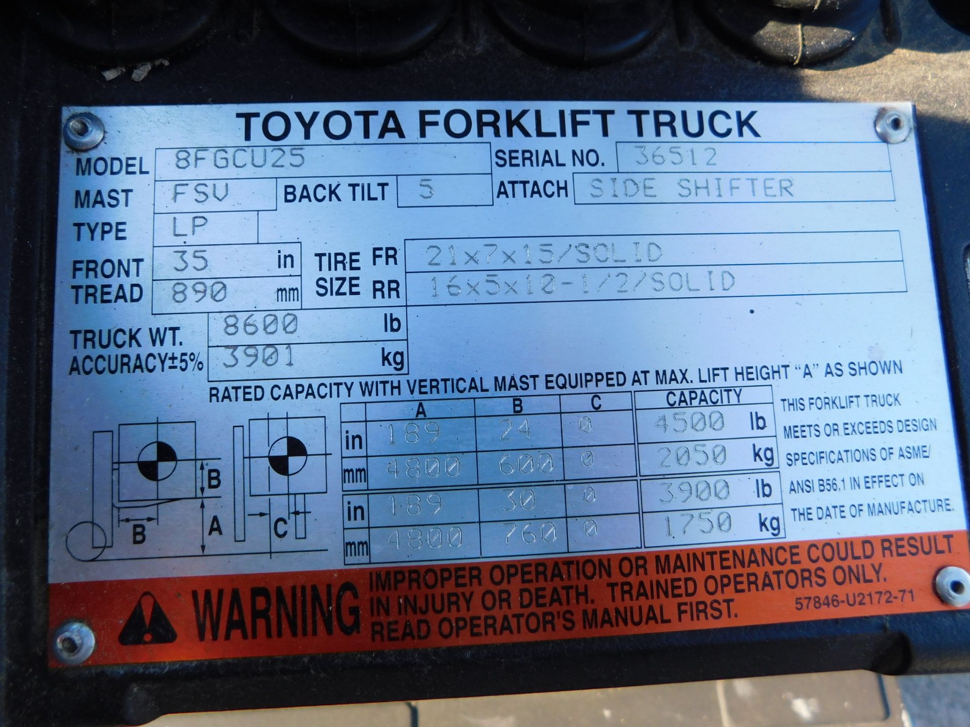 Toyota Model 8FGCU25 Forklift SN 36512, 4,500 lb. Capacity, LP, Hard Tire, 3-Stage Mast, Side Shift, - Image 22 of 23
