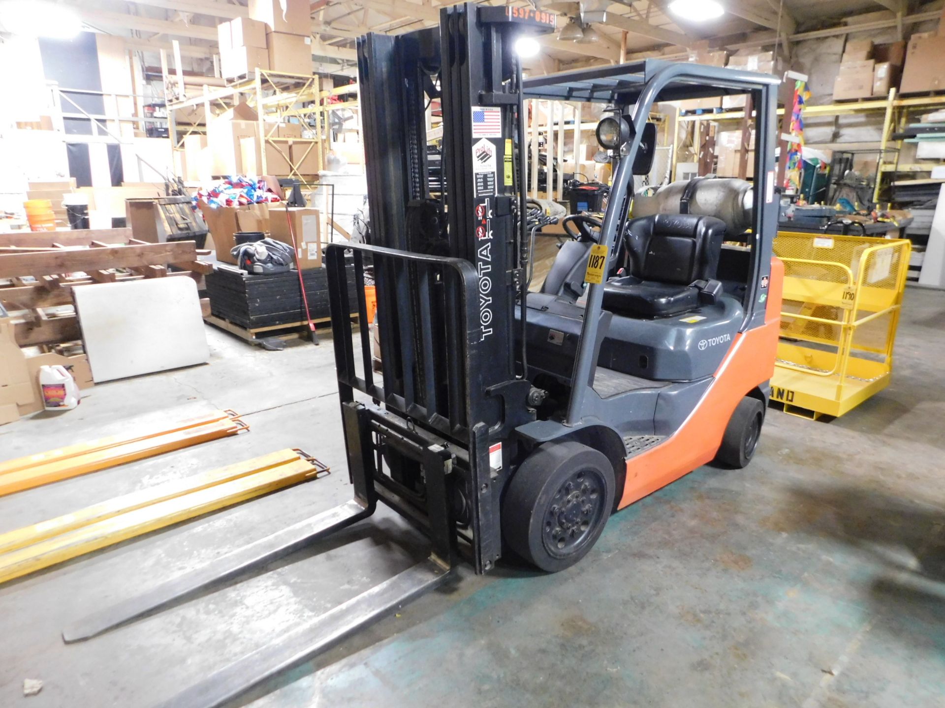 Toyota Model 8FGCU25 Forklift SN 36512, 4,500 lb. Capacity, LP, Hard Tire, 3-Stage Mast, Side Shift,