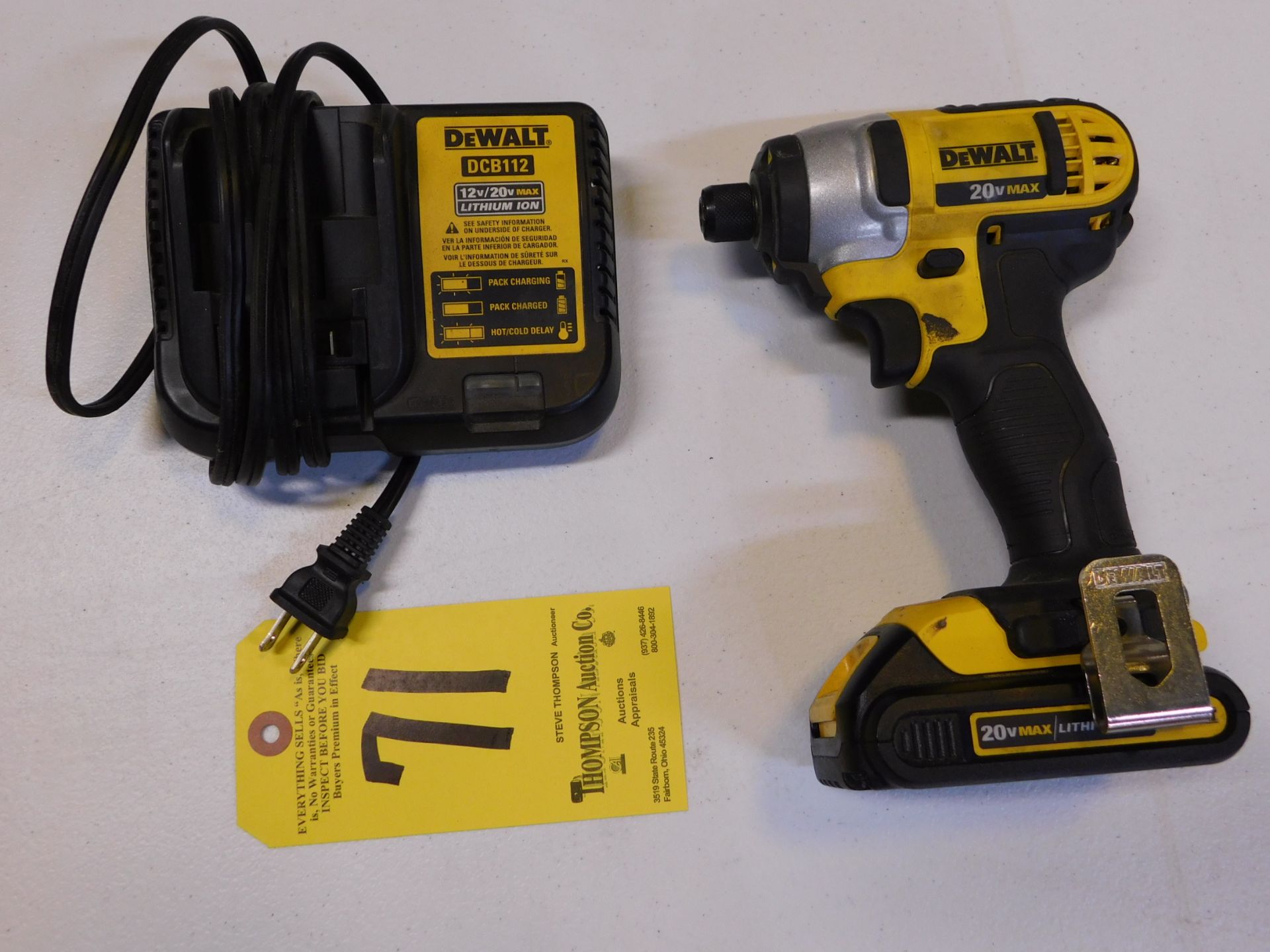 Dewalt DCF885 Cordless 20V Impact Driver with Battery and Charger, Lot Location 3204 Olympia Dr.