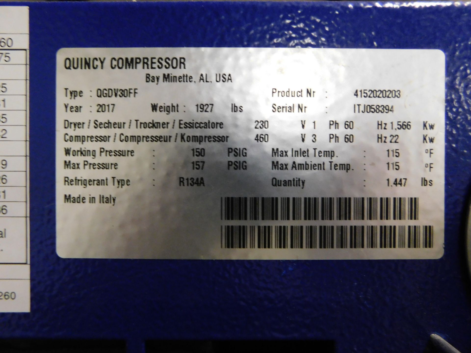 Quincy Model QGDV-30FF Tank-Mounted Rotary Screw Air Compressor, SN ITJ058394,30 HP, Built-in Air - Image 6 of 11